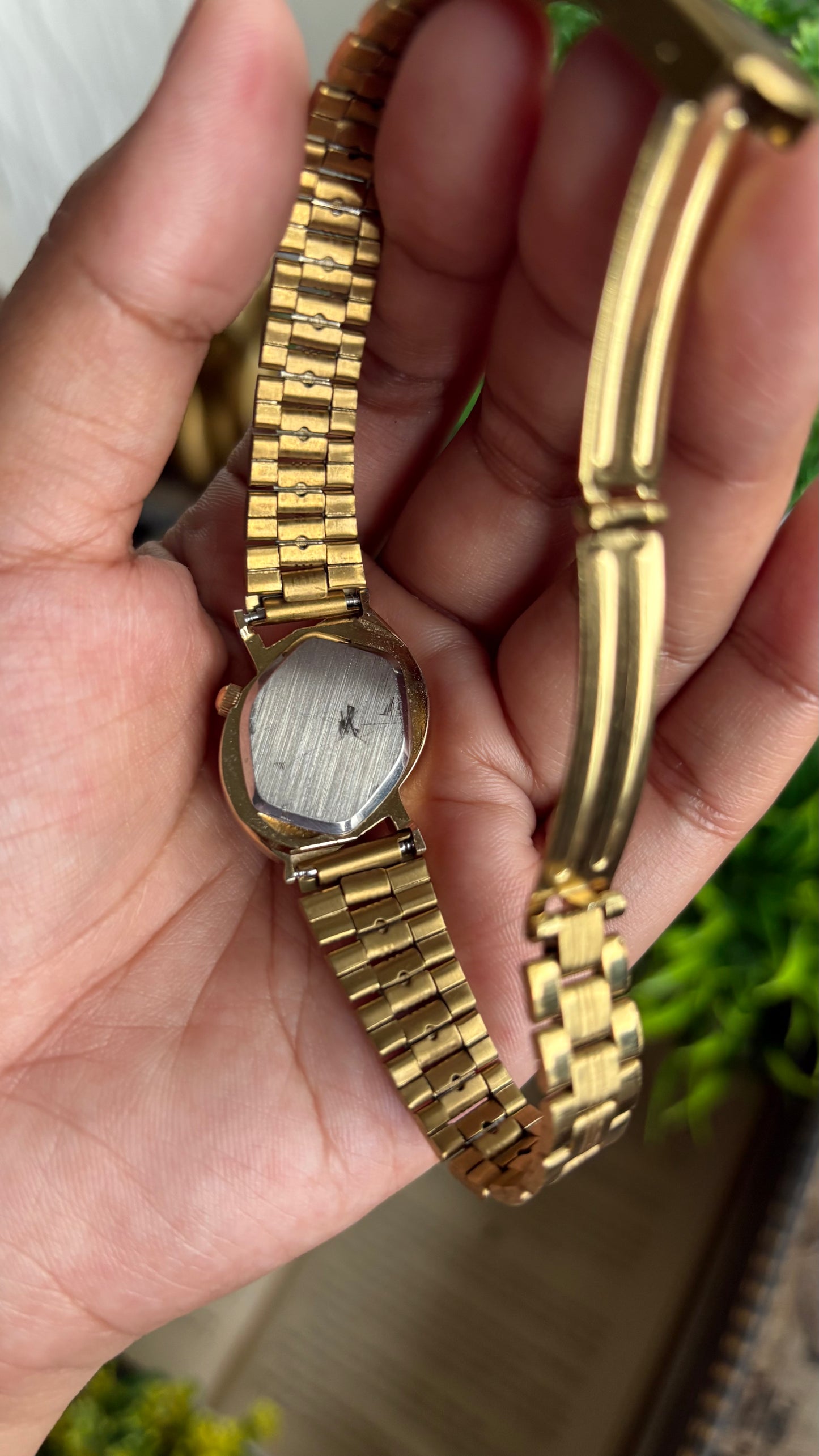 Vintage Le Baron Bejeweled Watch in Gold Tone Pink Dial Leaf Face Shape