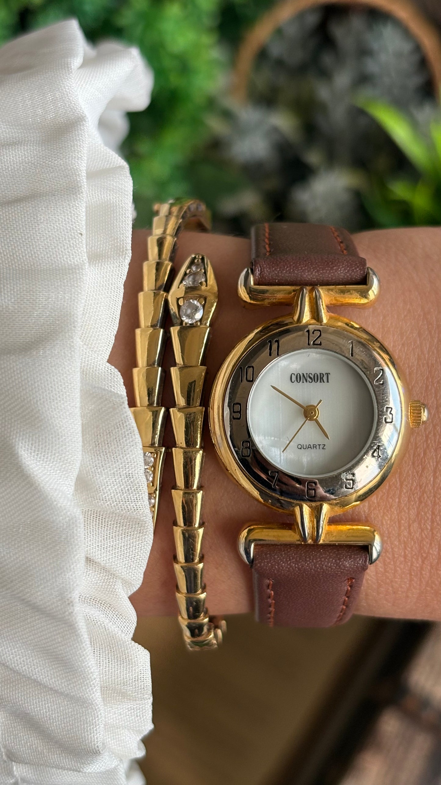 Vintage Consort Watch in Brown Leather Strap Mother of Pearl Dial