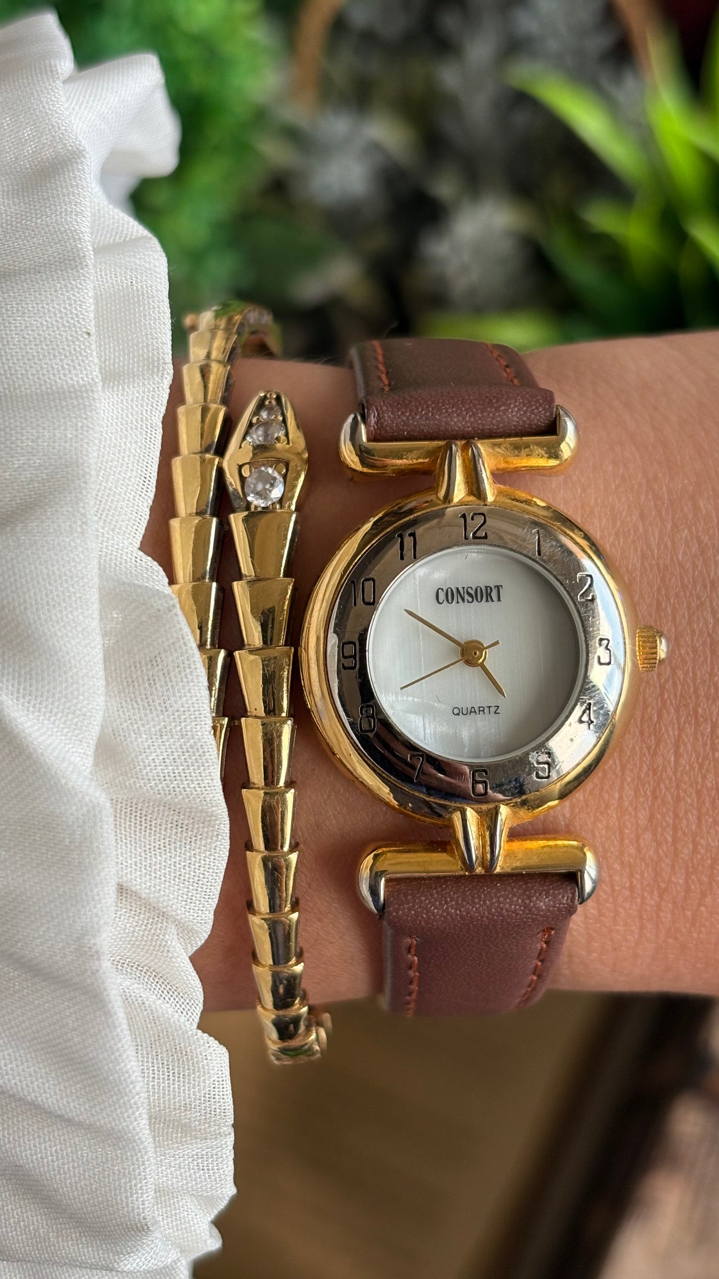 Vintage Consort Watch in Brown Leather Strap Mother of Pearl Dial