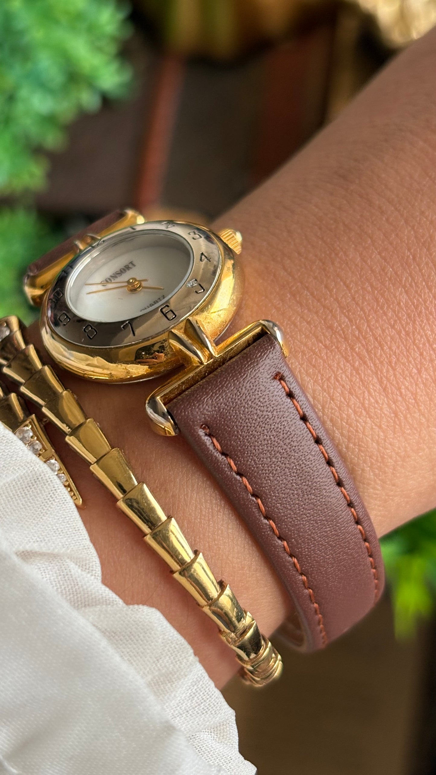 Vintage Consort Watch in Brown Leather Strap Mother of Pearl Dial