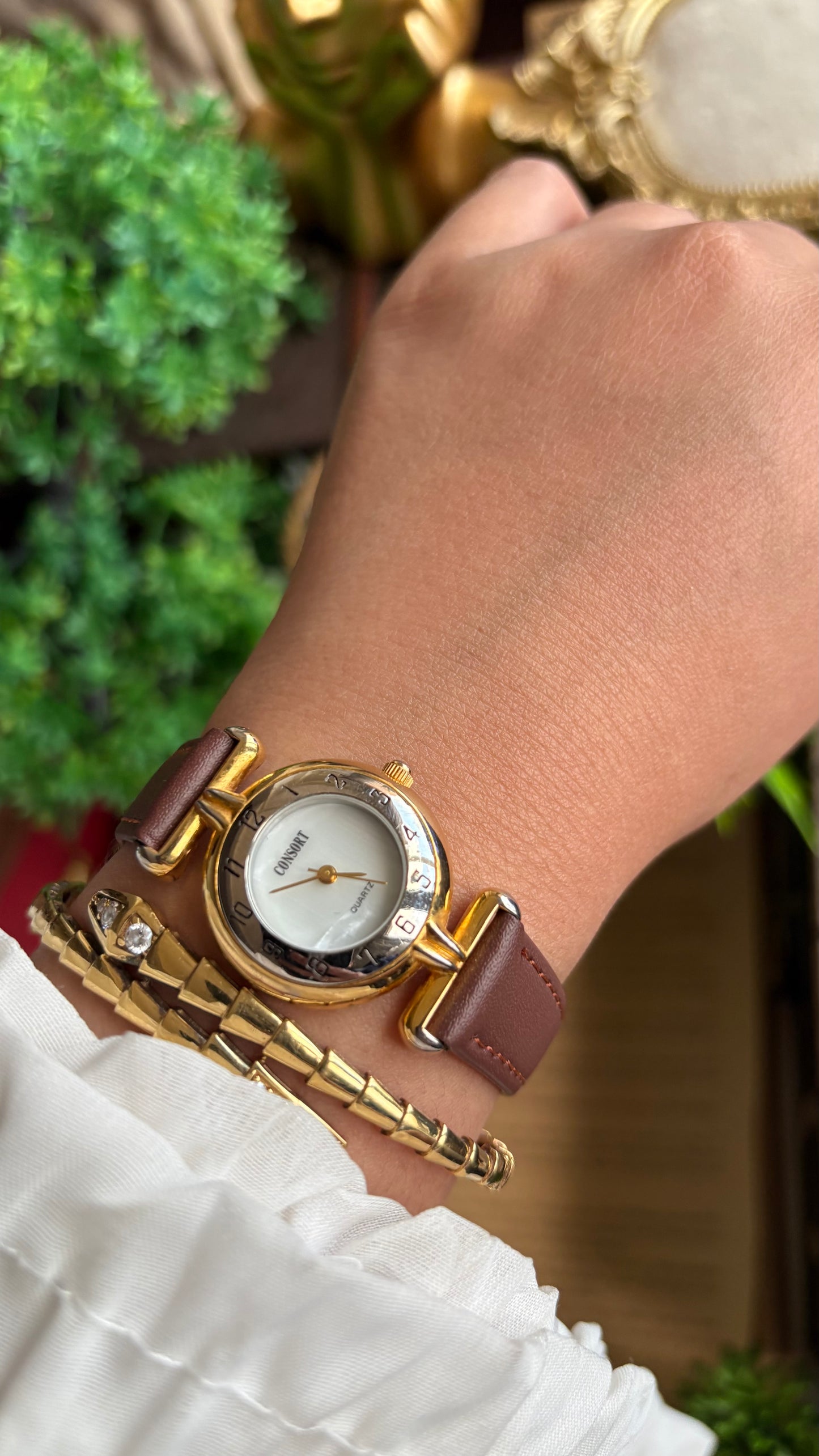 Vintage Consort Watch in Brown Leather Strap Mother of Pearl Dial