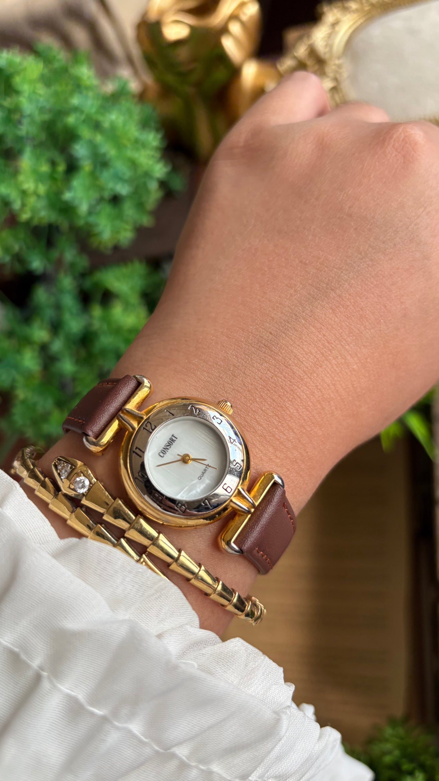 Vintage Consort Watch in Brown Leather Strap Mother of Pearl Dial