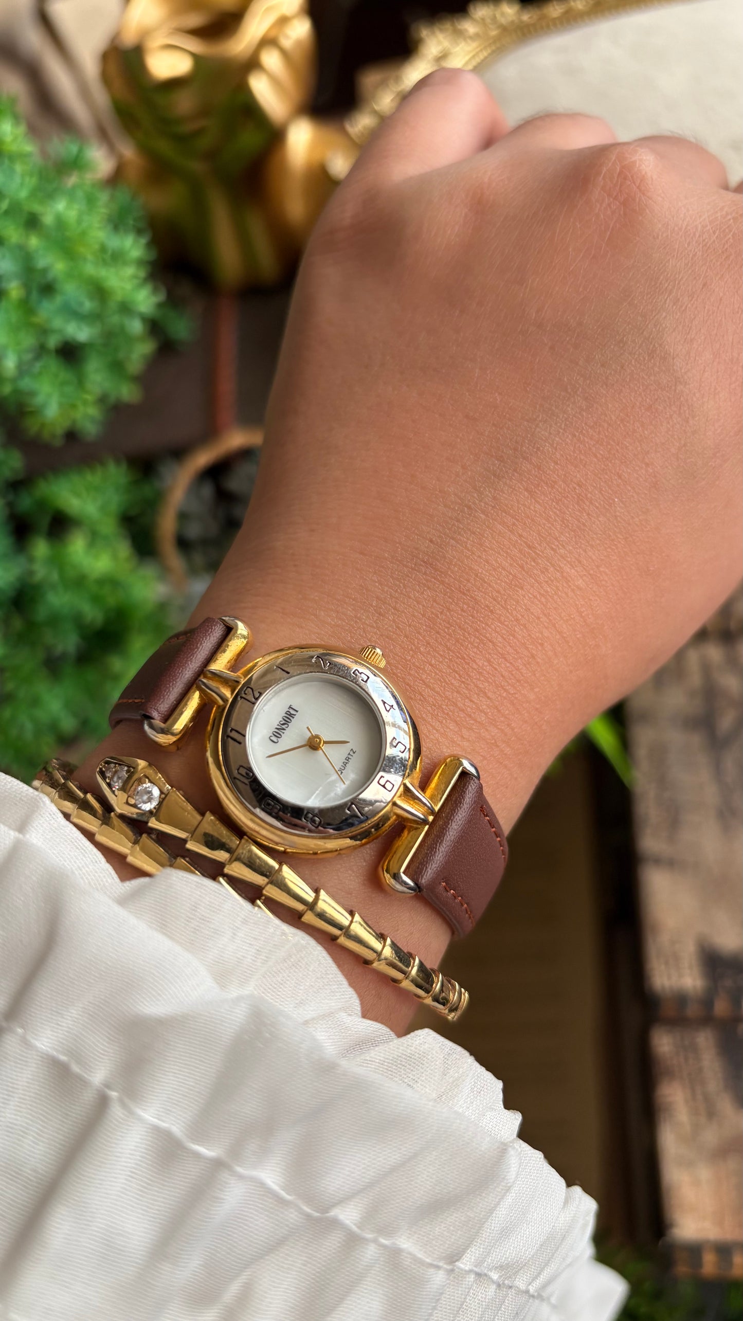 Vintage Consort Watch in Brown Leather Strap Mother of Pearl Dial