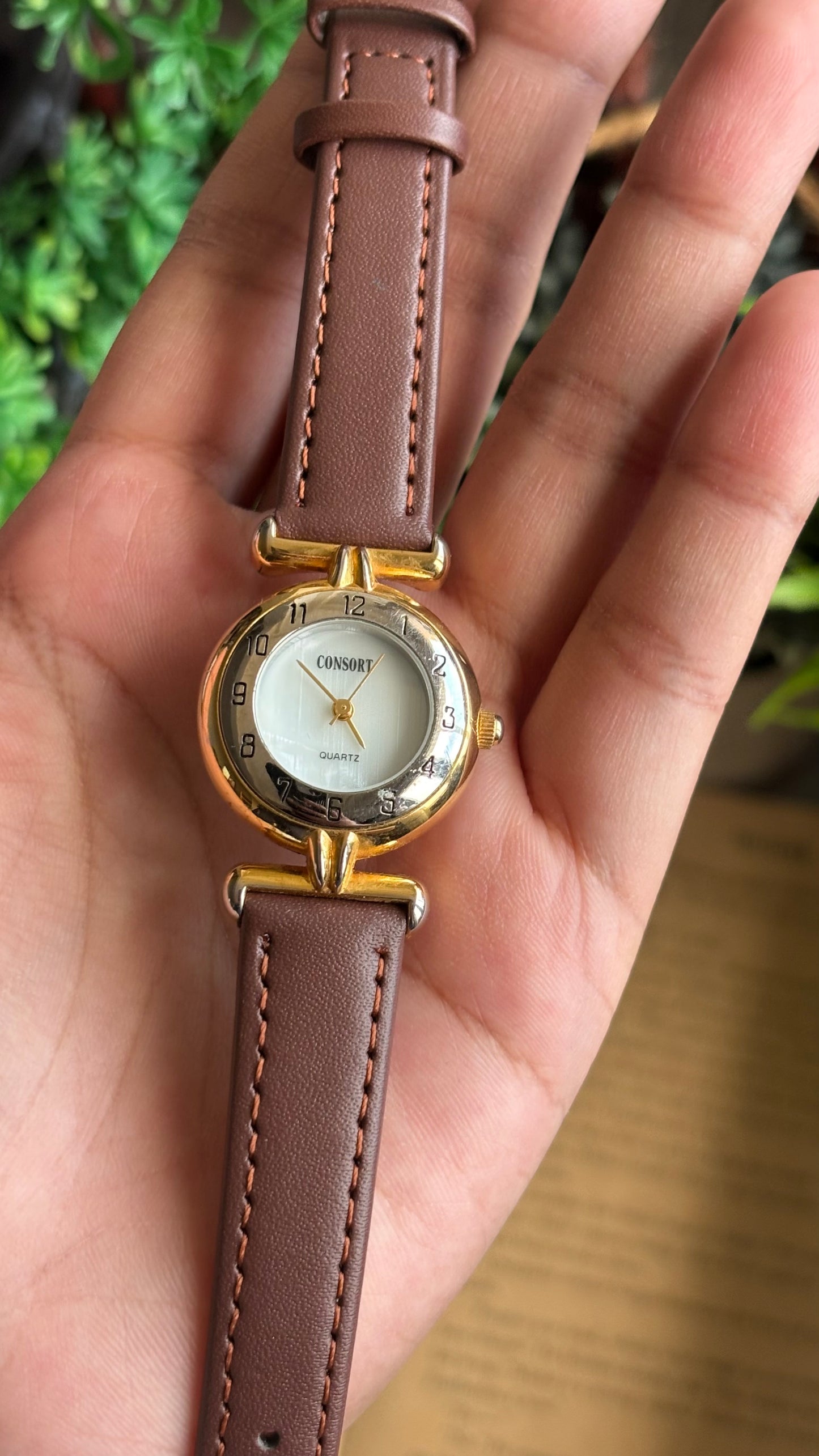 Vintage Consort Watch in Brown Leather Strap Mother of Pearl Dial