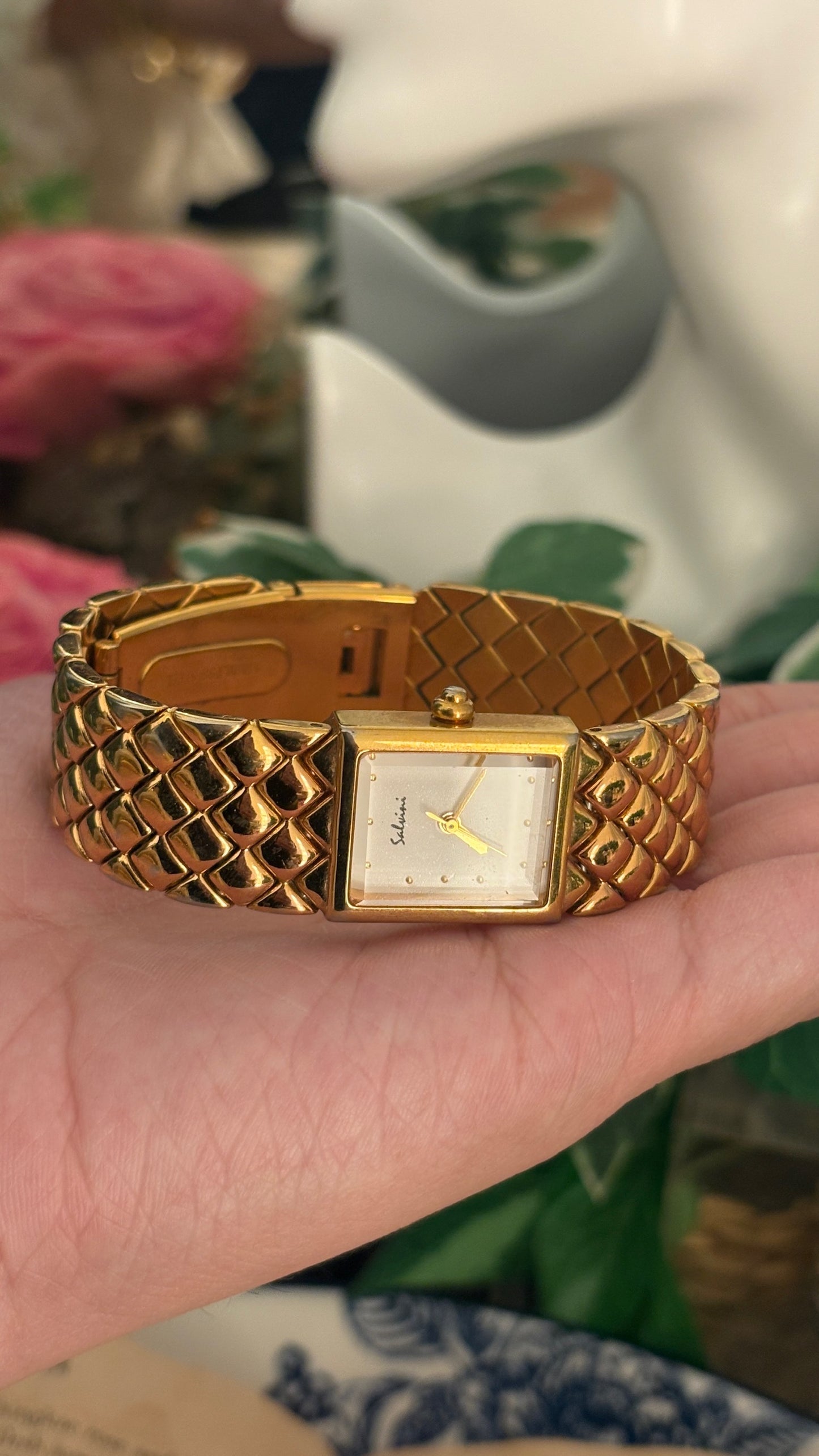 Rare Vintage Salvioni Unibracelet Tank Watch in Rose Gold Tone Quartz Chanel Inspired