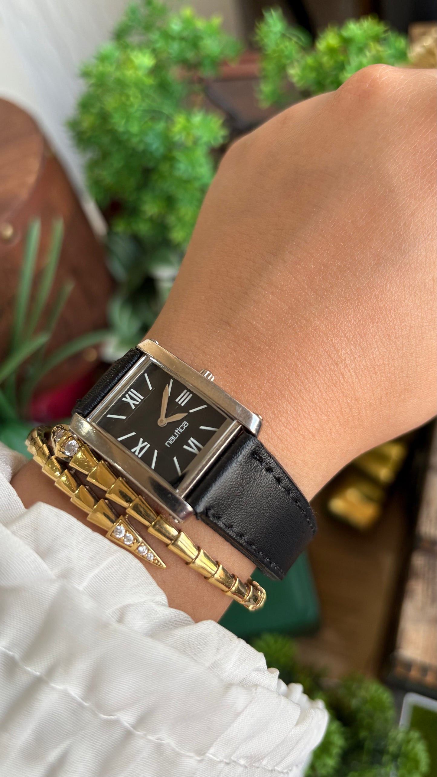 Vintage Nautica Tank Watch in Black Leather Strap