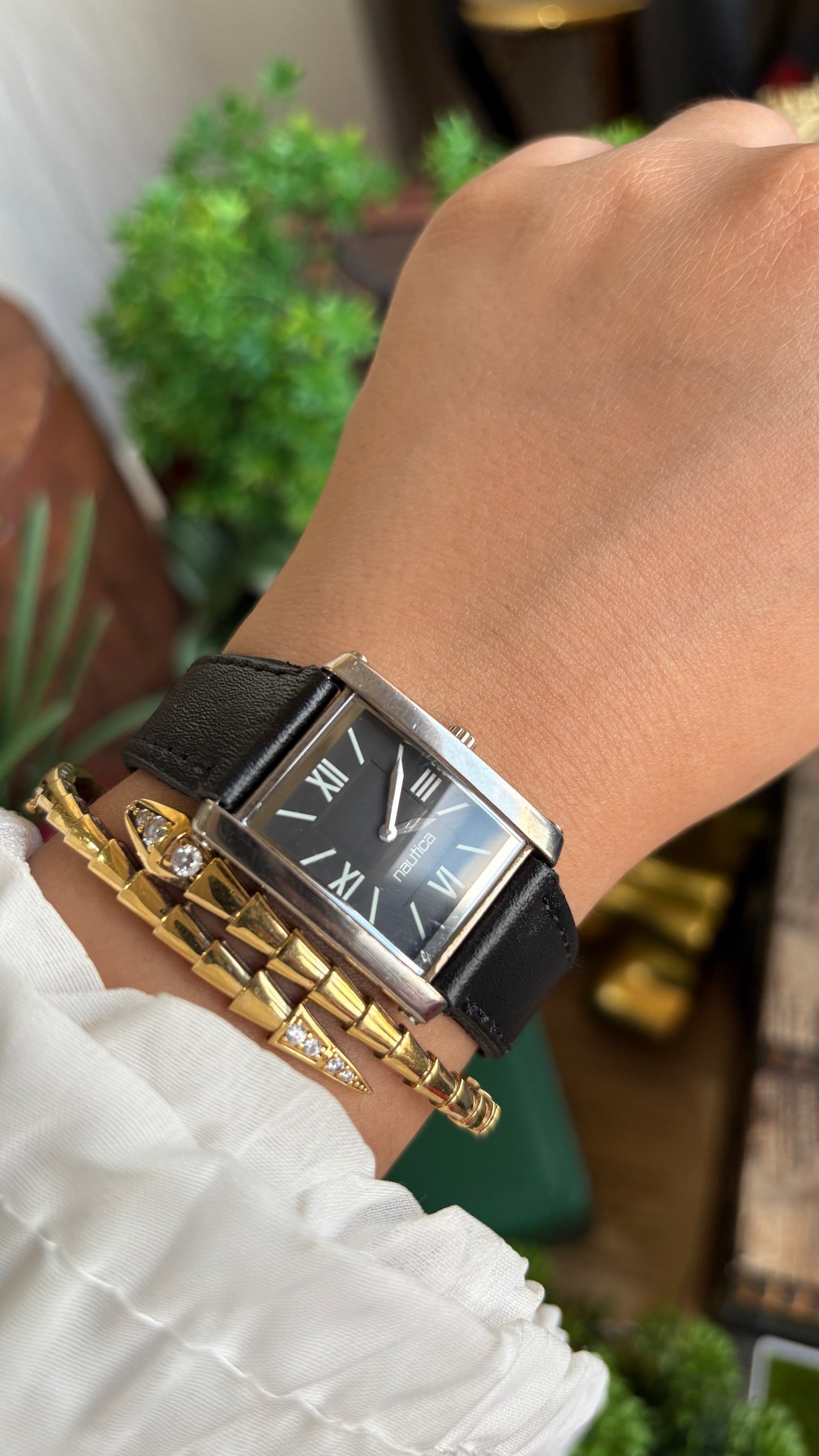 Vintage Nautica Tank Watch in Black Leather Strap