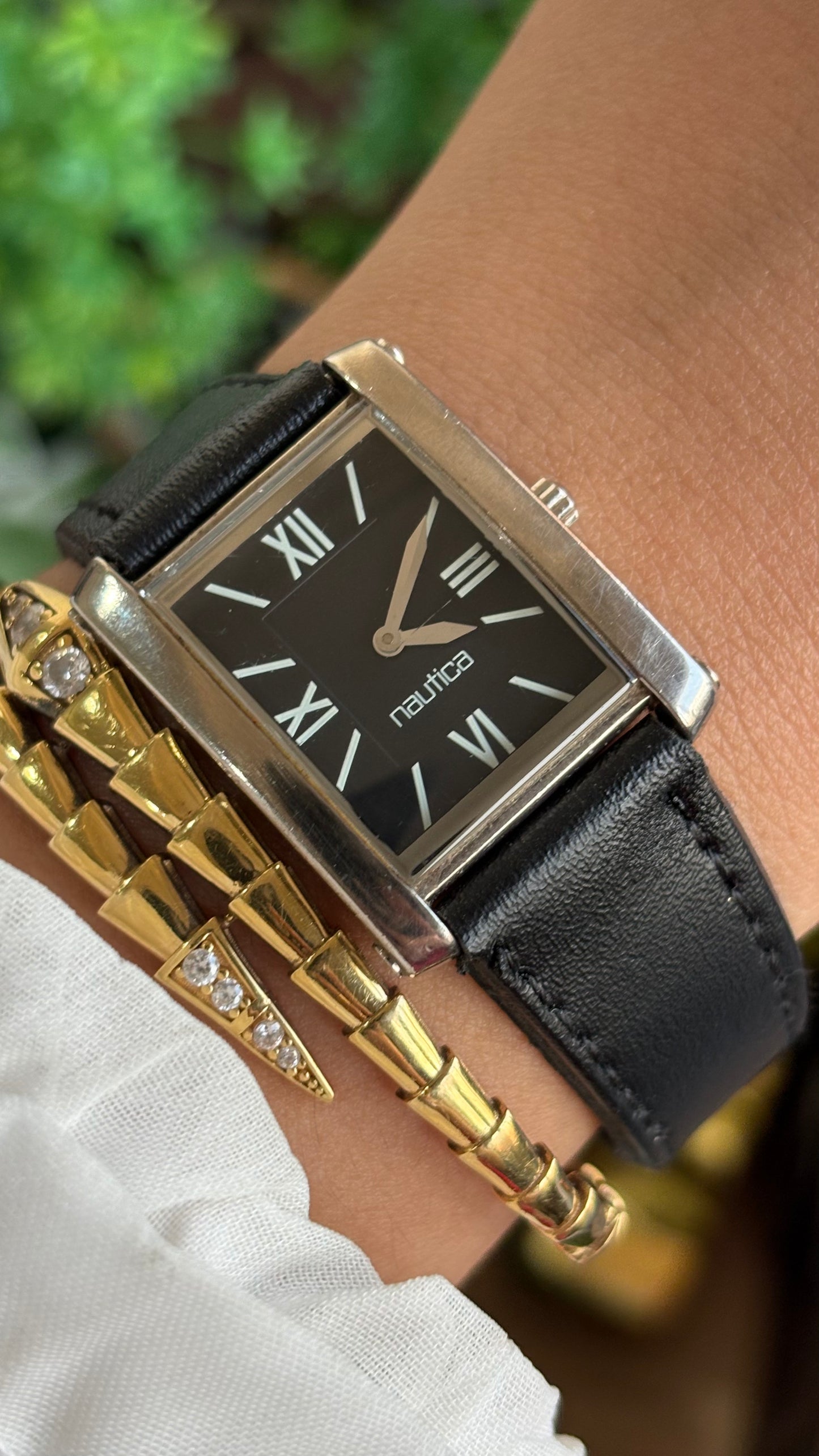 Vintage Nautica Tank Watch in Black Leather Strap