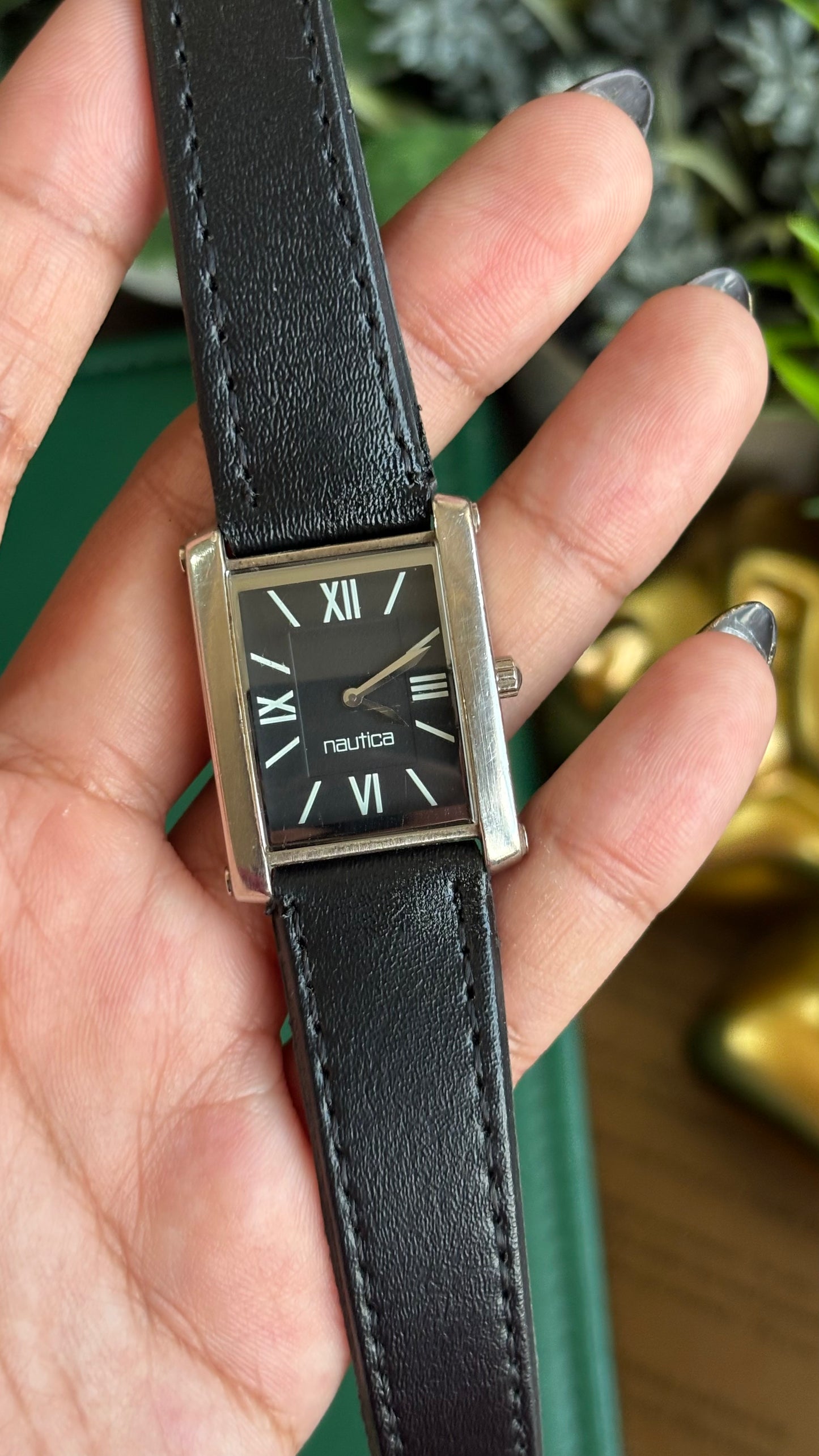 Vintage Nautica Tank Watch in Black Leather Strap