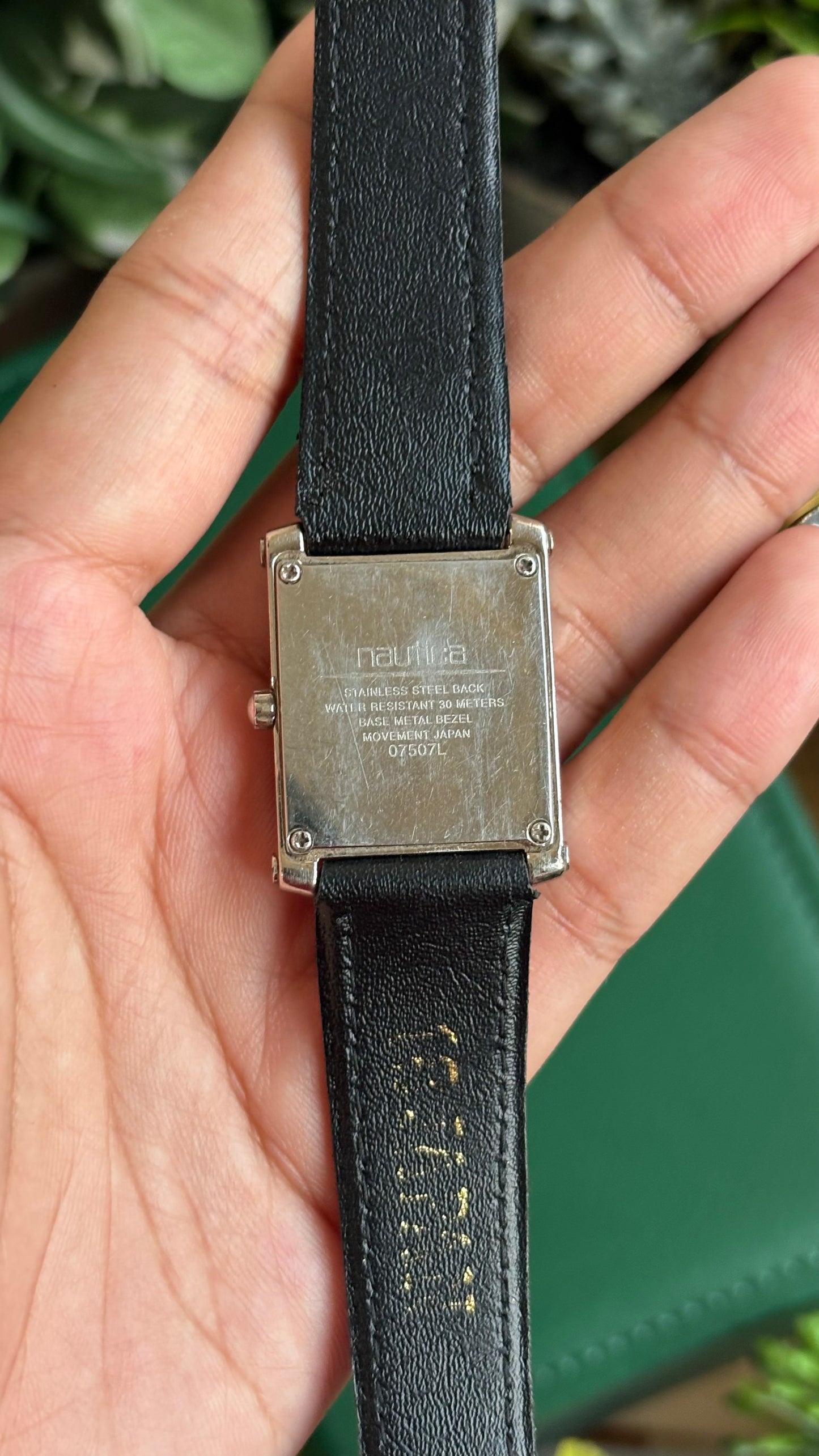 Vintage Nautica Tank Watch in Black Leather Strap