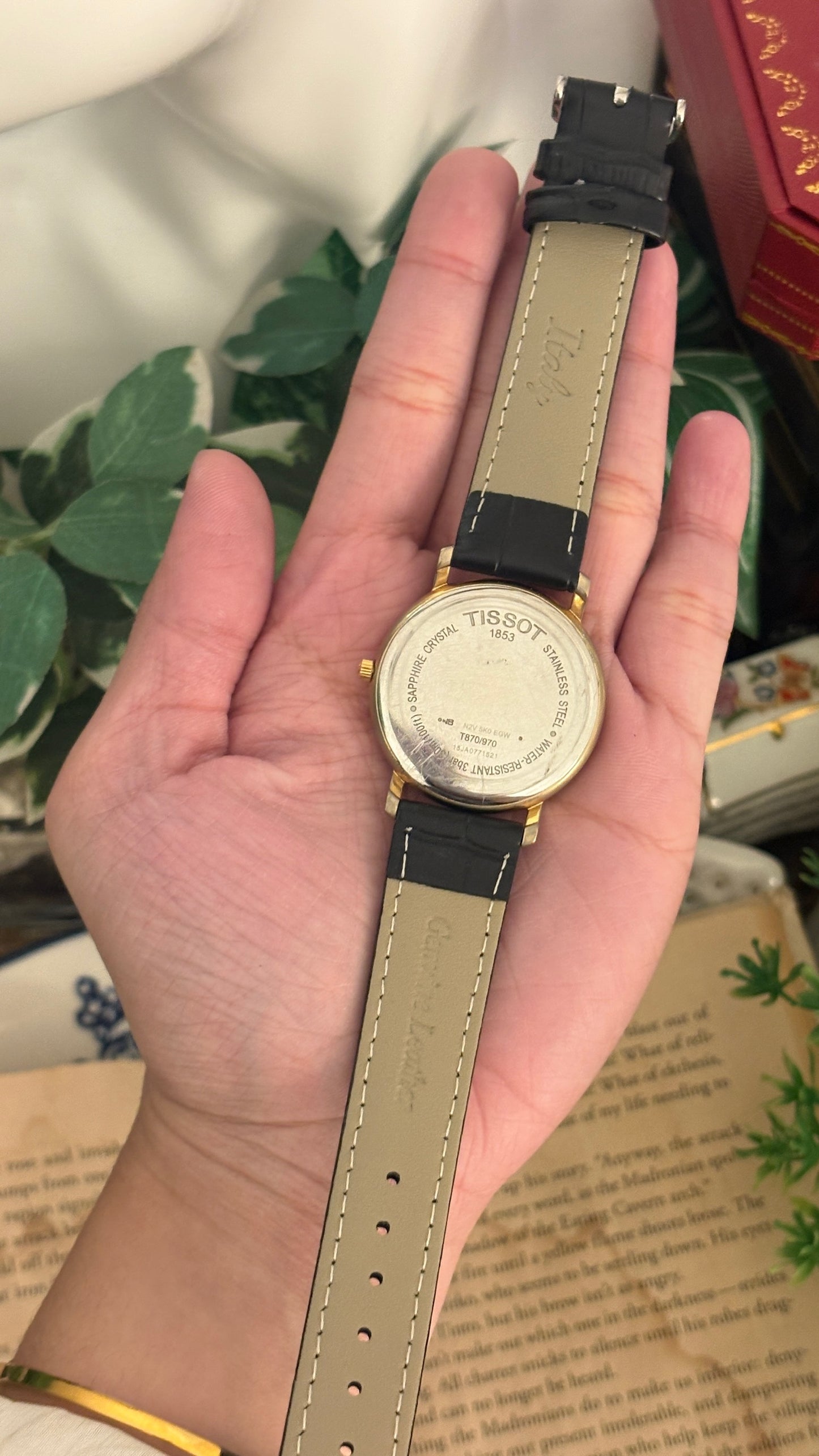 Rare Vintage Tissot 1853 Date Window Roman Dial Watch in Gold Tone Black Leather Quartz