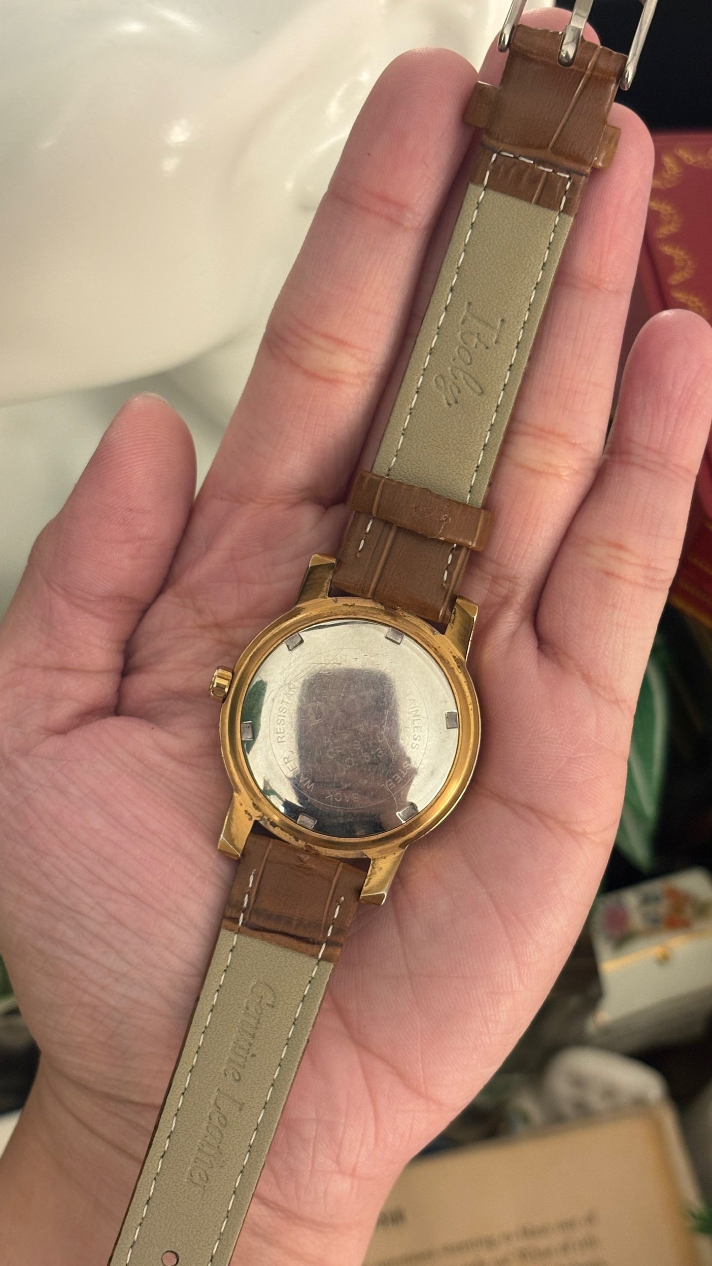 Rare Vintage Dior Swiss Rhinestoned Bezel Mother of Pearl Dial Watch in Rose Gold Tone Brown Leather Quartz