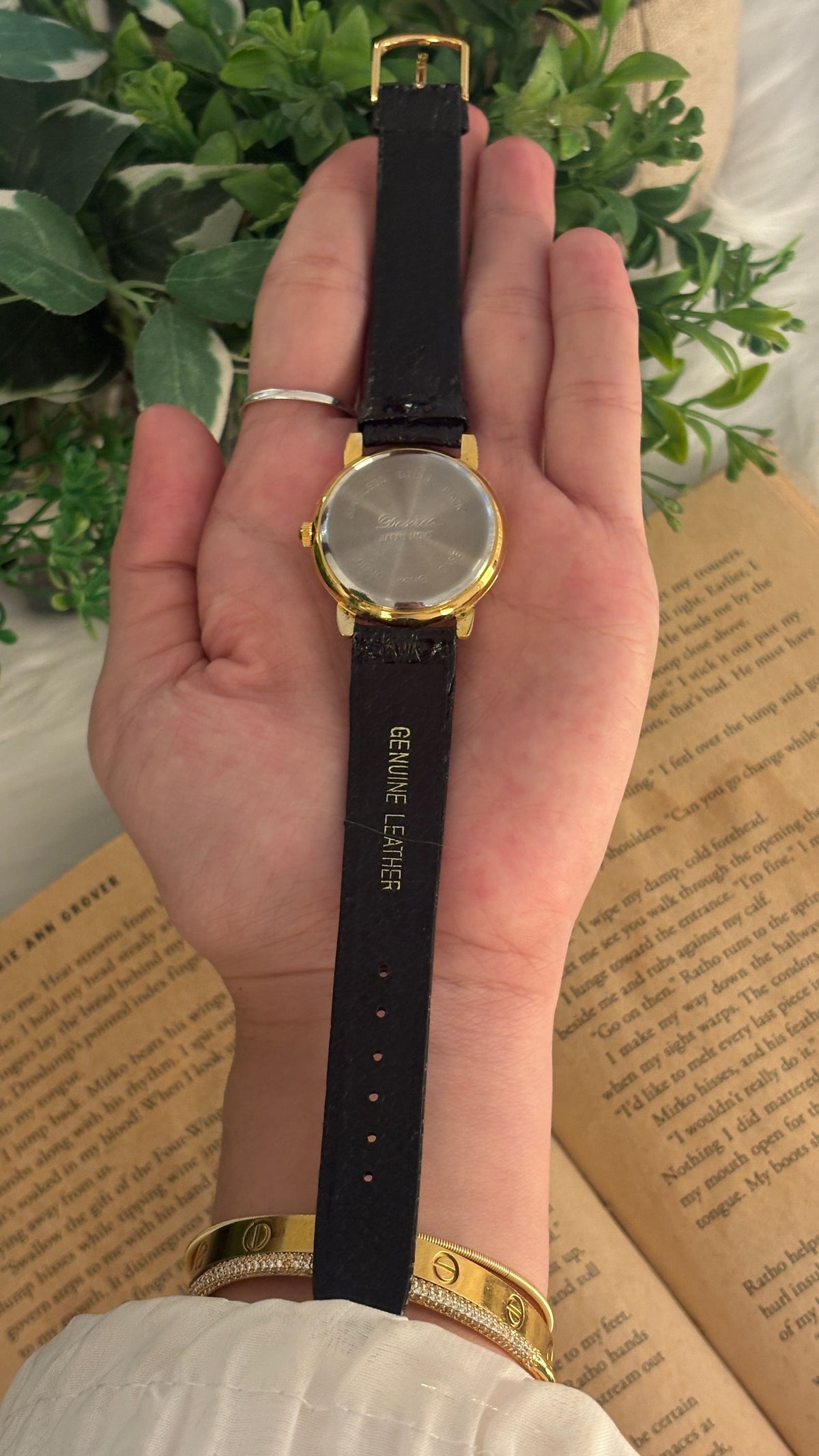 Vintage Desiree Roman Mother of Pearl Dial Watch in Gold Tone Black Leather Quartz