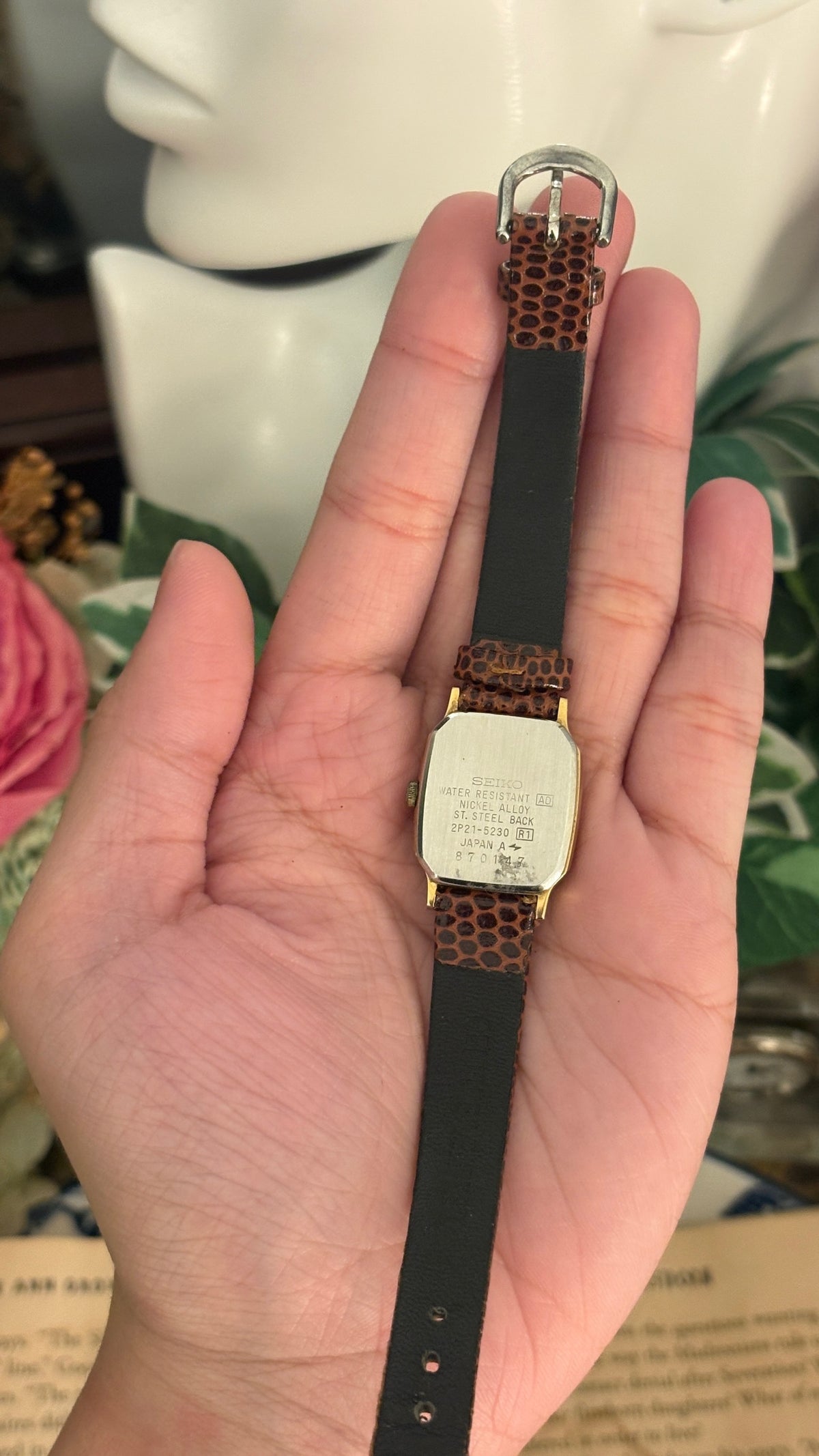 Vintage Seiko Tank Watch in Gold Tone Brown Leather Quartz