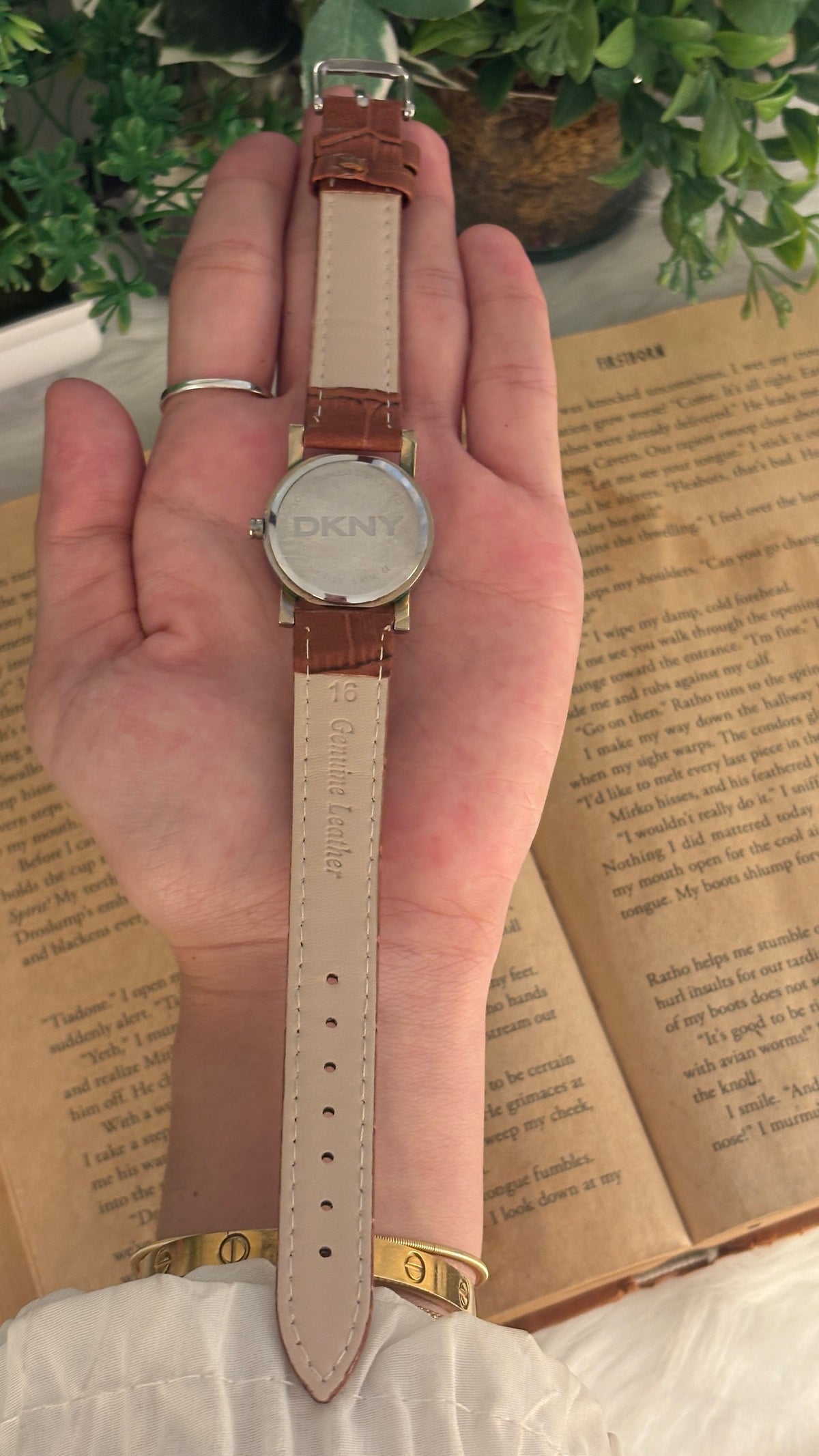 Vintage DKNY Mother of Pearl Dial Watch in Gold Tone Brown Leather Quartz