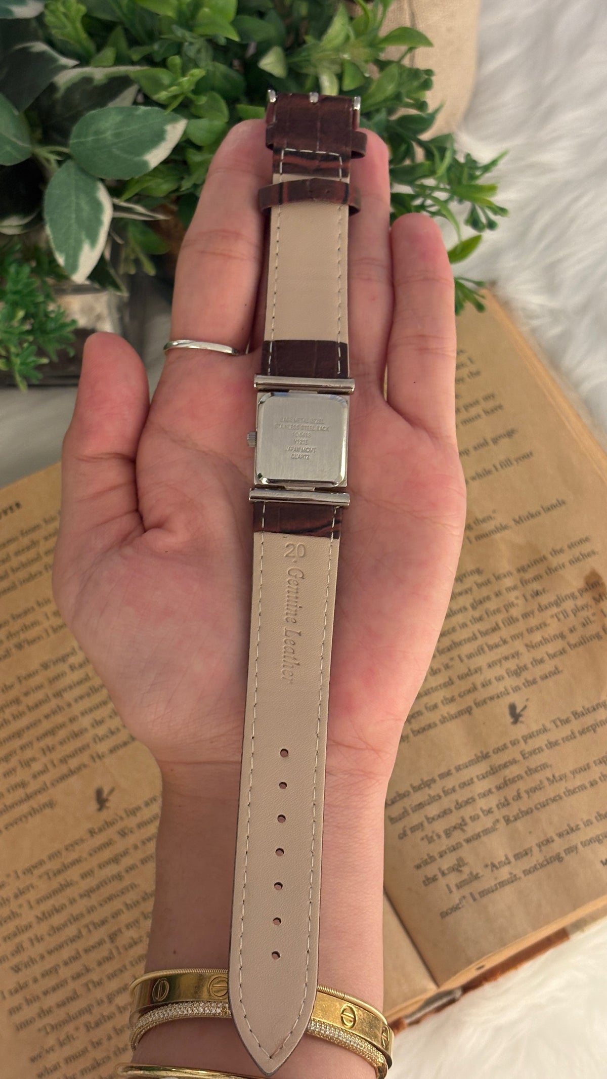 Vintage Anne Klein Black Square Dial Watch in Silver Tone Brown Leather Quartz