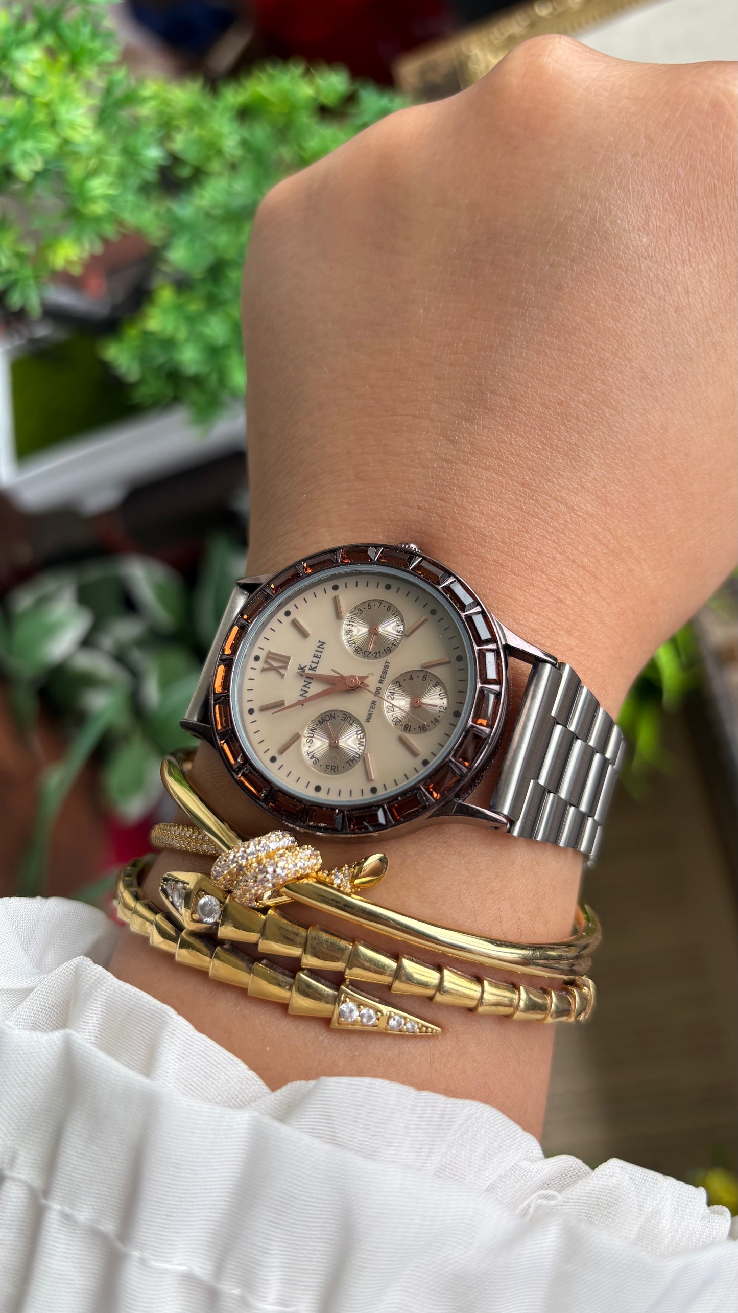 Vintage Anne Klein Bejeweled Watch in Silver Tone Display Chrono Pearl Dial