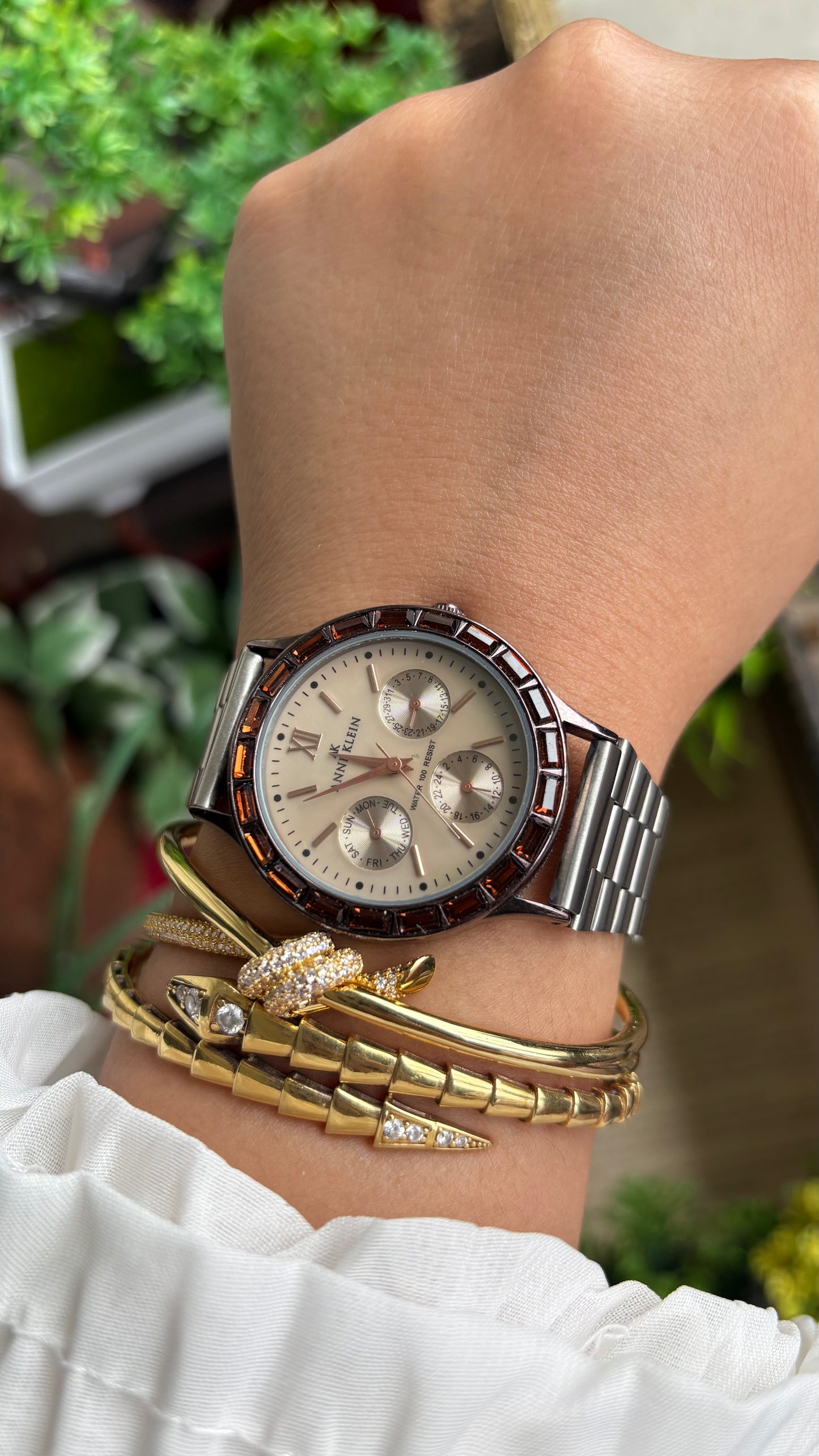 Vintage Anne Klein Bejeweled Watch in Silver Tone Display Chrono Pearl Dial