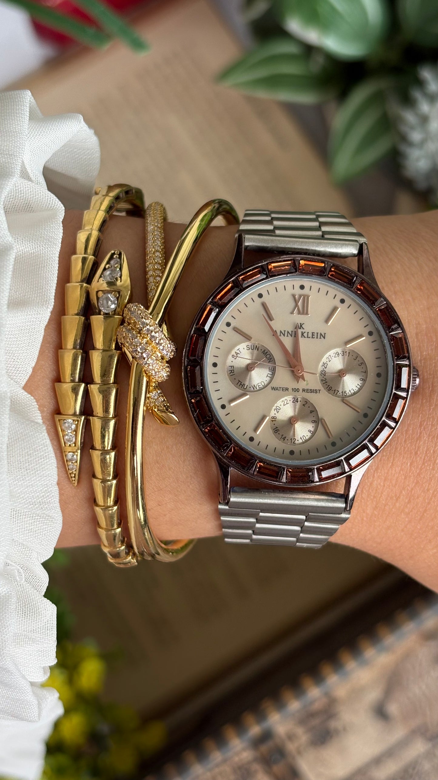 Vintage Anne Klein Bejeweled Watch in Silver Tone Display Chrono Pearl Dial