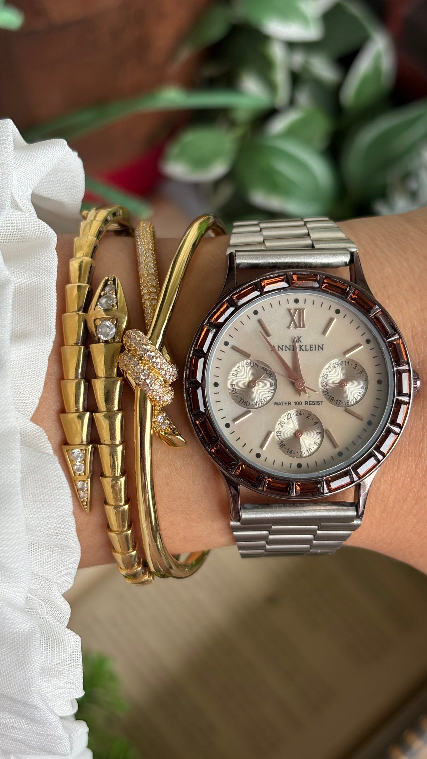 Vintage Anne Klein Bejeweled Watch in Silver Tone Display Chrono Pearl Dial