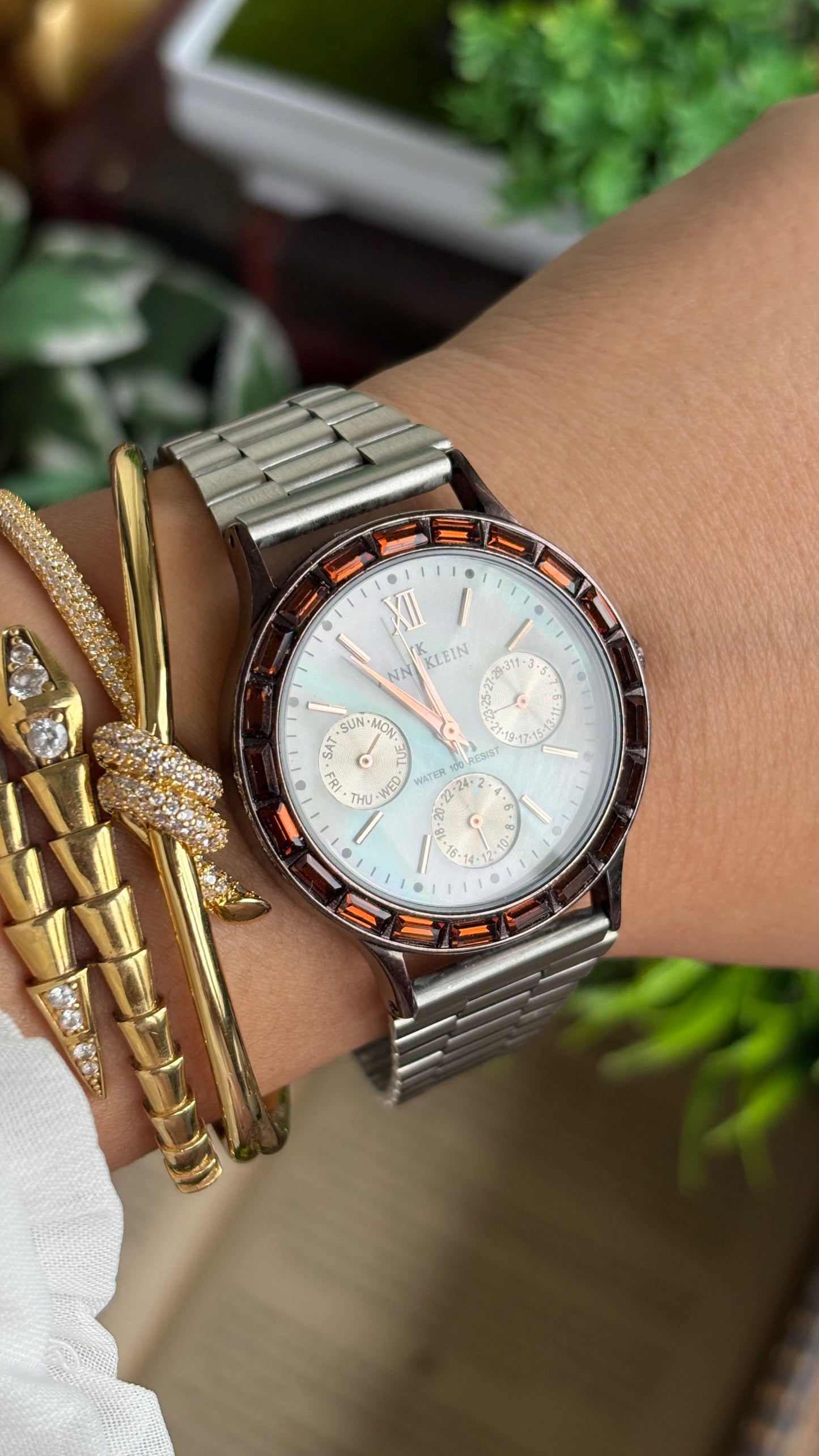 Vintage Anne Klein Bejeweled Watch in Silver Tone Display Chrono Pearl Dial
