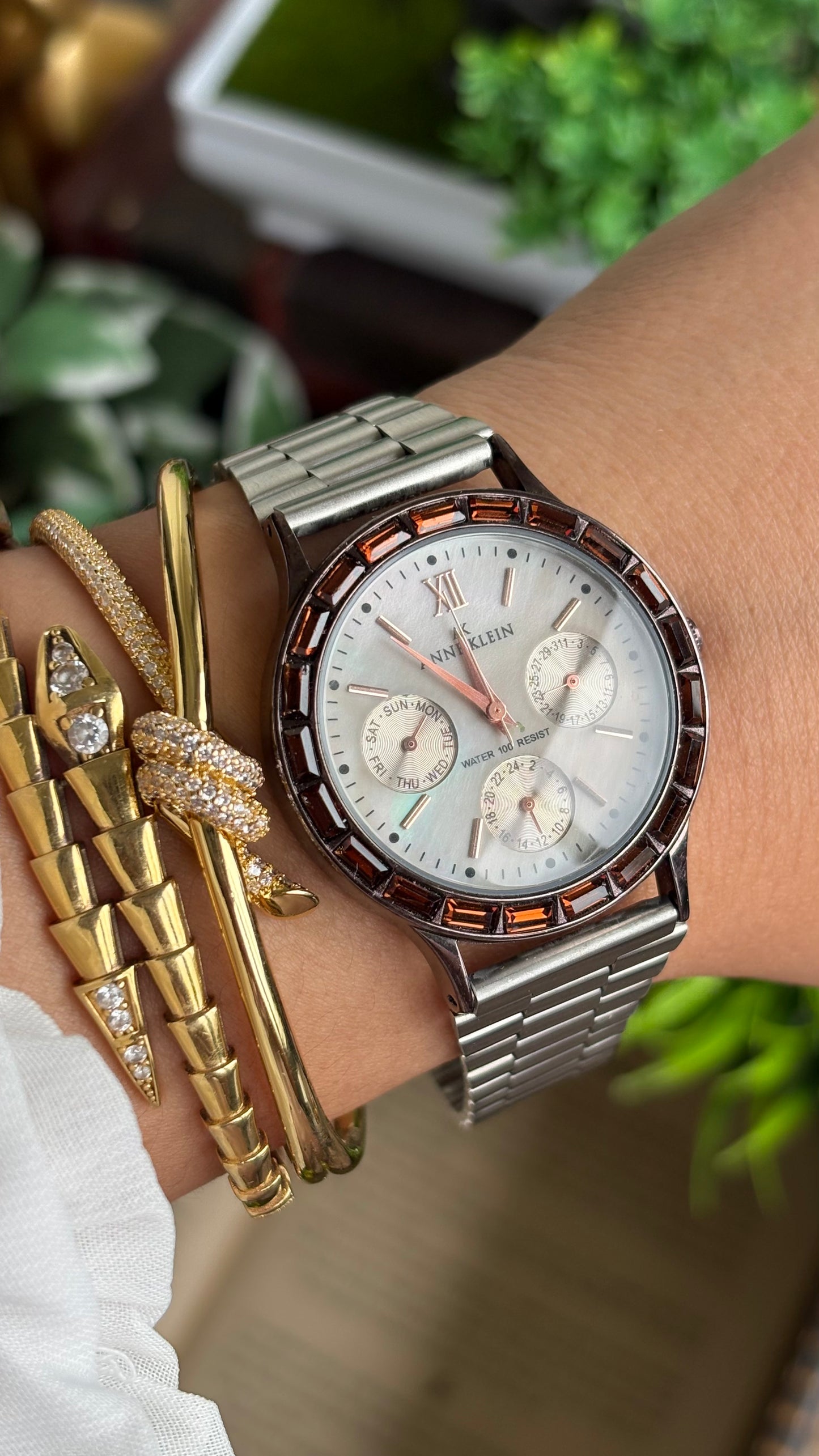 Vintage Anne Klein Bejeweled Watch in Silver Tone Display Chrono Pearl Dial