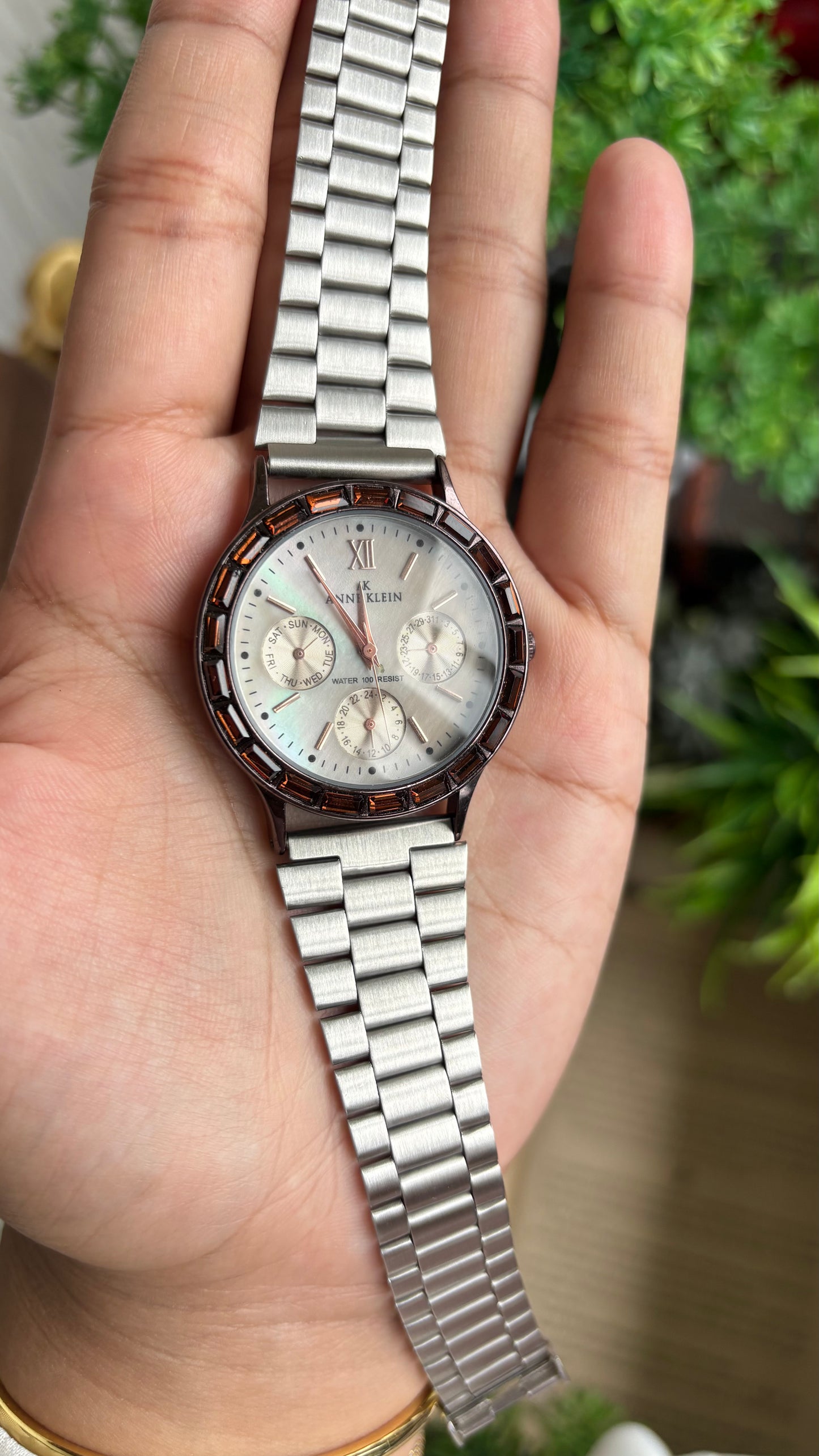 Vintage Anne Klein Bejeweled Watch in Silver Tone Display Chrono Pearl Dial