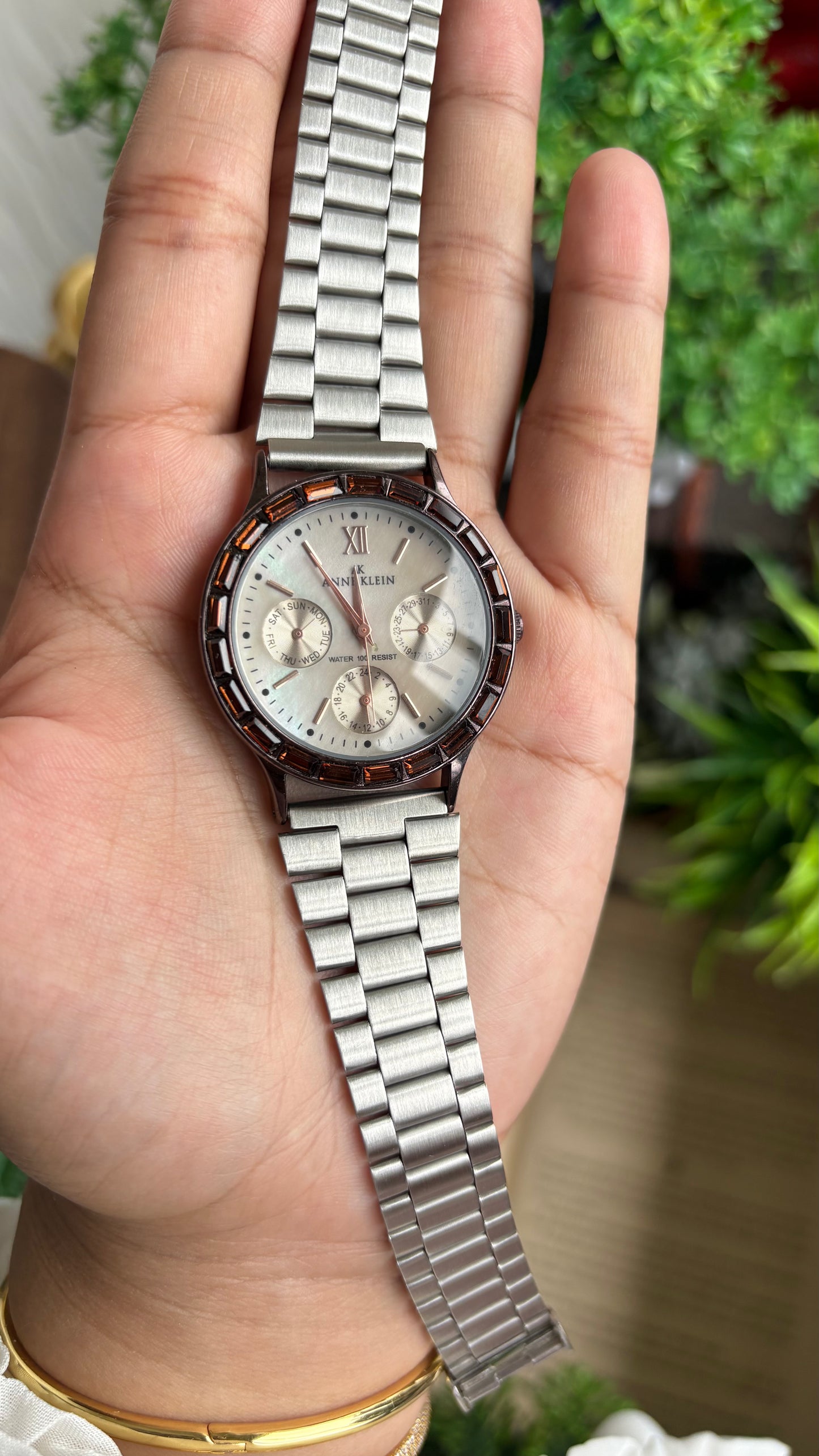 Vintage Anne Klein Bejeweled Watch in Silver Tone Display Chrono Pearl Dial