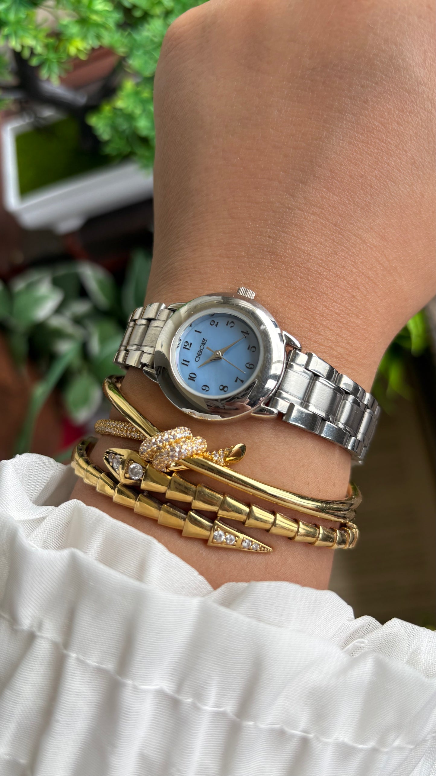 Vintage Cherokee Watch in Silver Tone Mother of Pearl Blue Dial