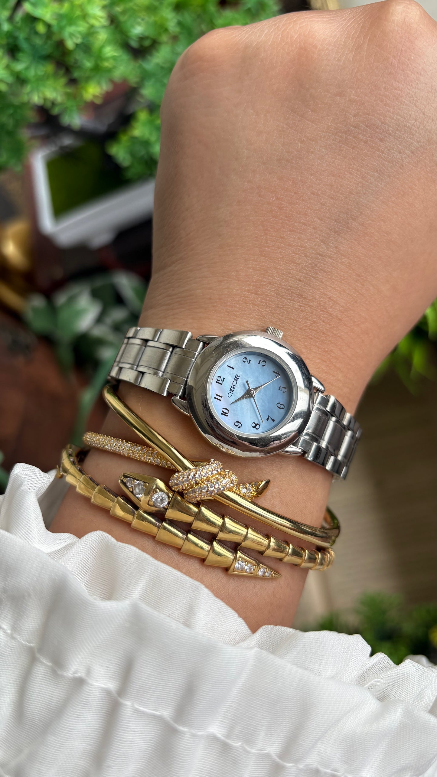 Vintage Cherokee Watch in Silver Tone Mother of Pearl Blue Dial