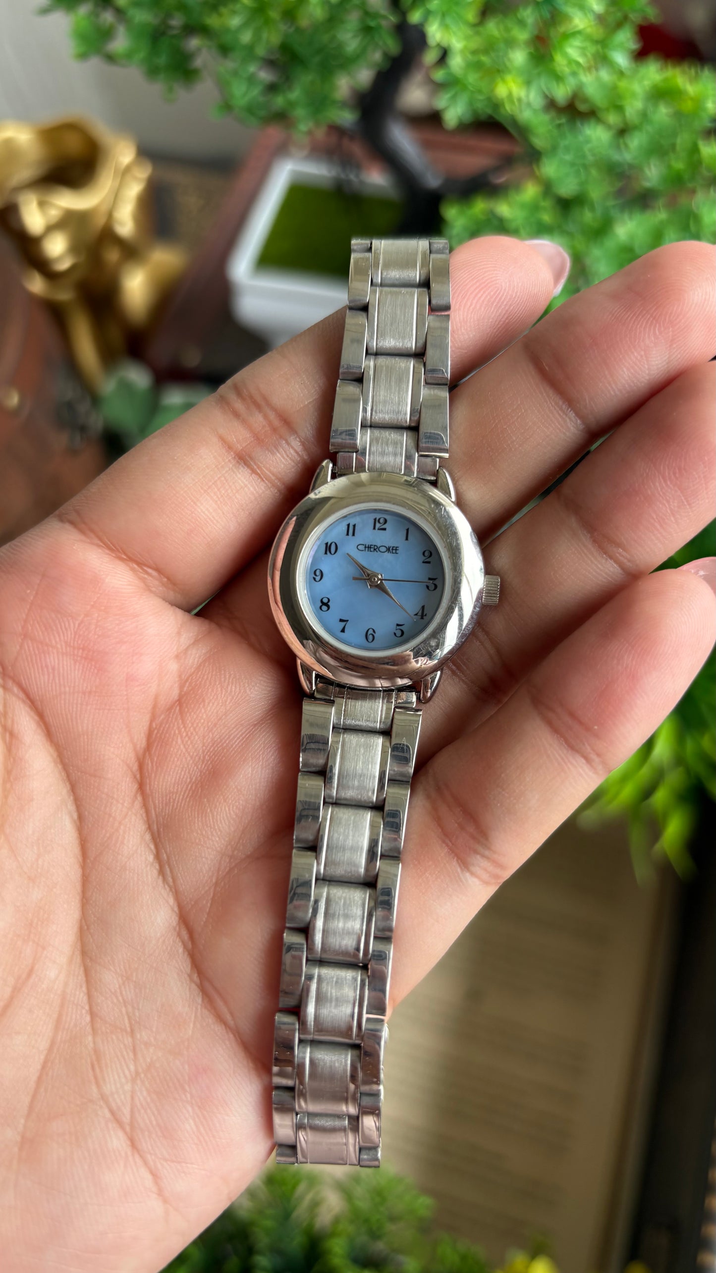 Vintage Cherokee Watch in Silver Tone Mother of Pearl Blue Dial