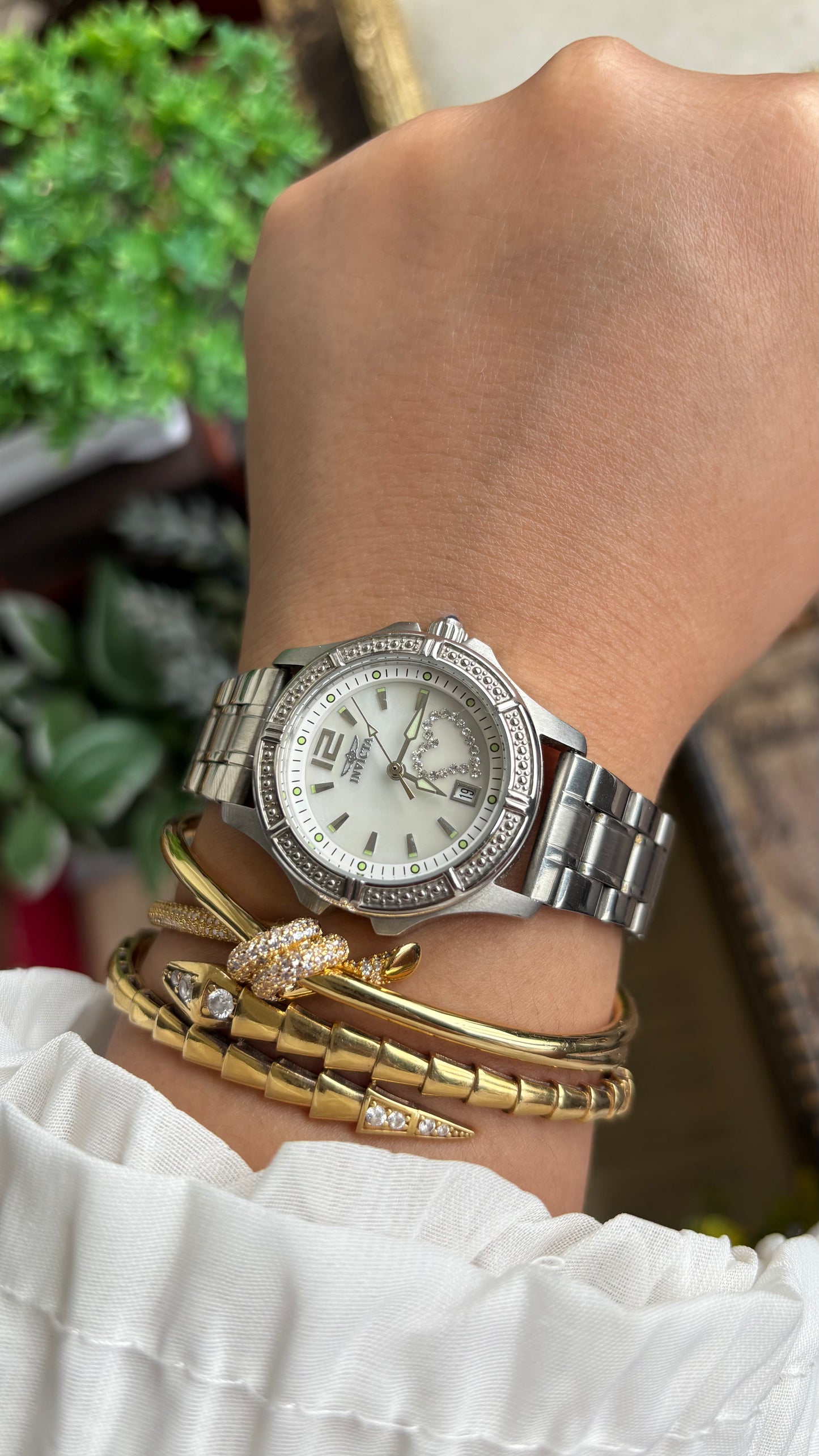 Vintage Invicta Bejeweled Watch in Silver Tone With Window Date