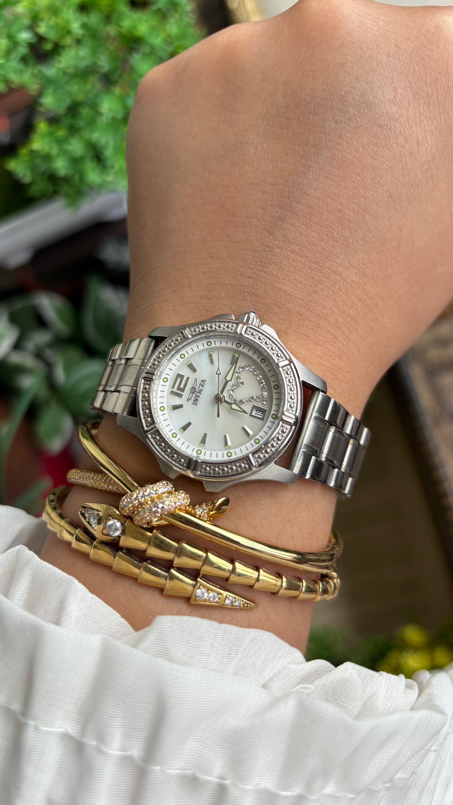 Vintage Invicta Bejeweled Watch in Silver Tone With Window Date