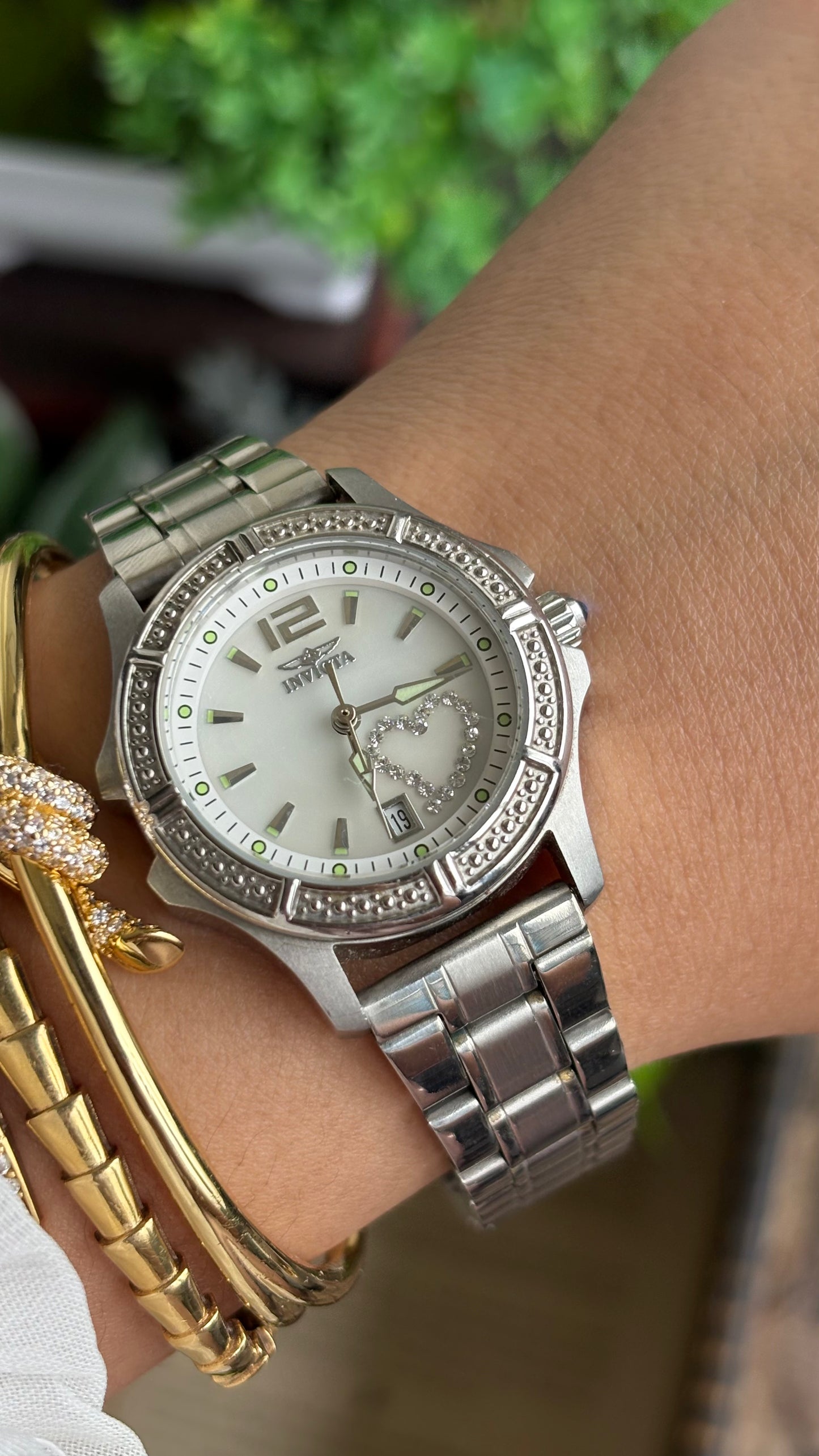 Vintage Invicta Bejeweled Watch in Silver Tone With Window Date
