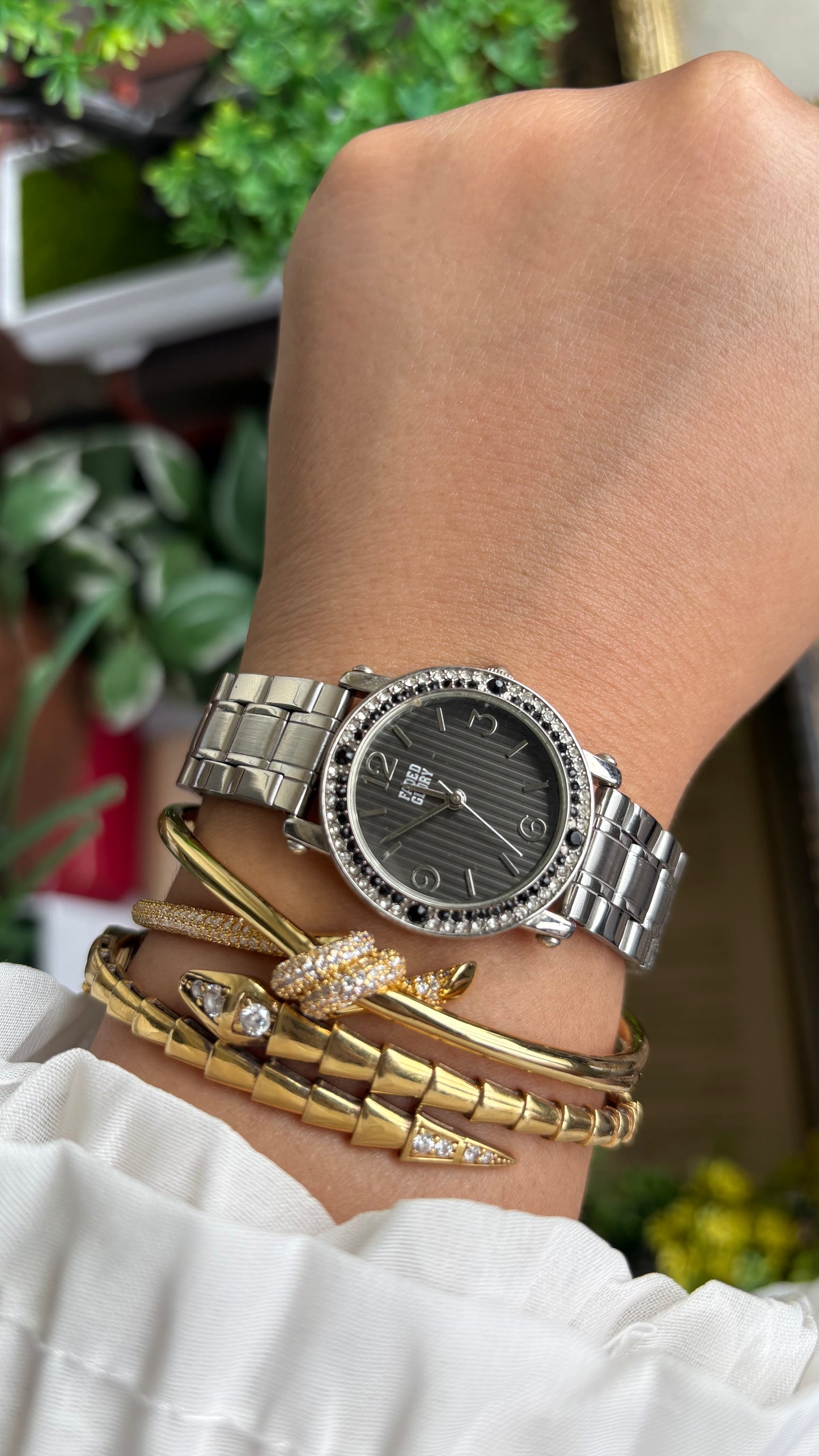 Vintage Faded Glory Bejeweled Watch in Silver Tone in Black Dial