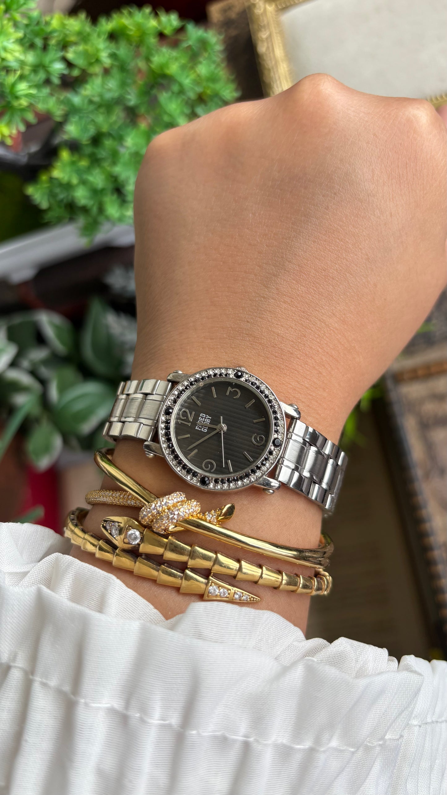 Vintage Faded Glory Bejeweled Watch in Silver Tone in Black Dial