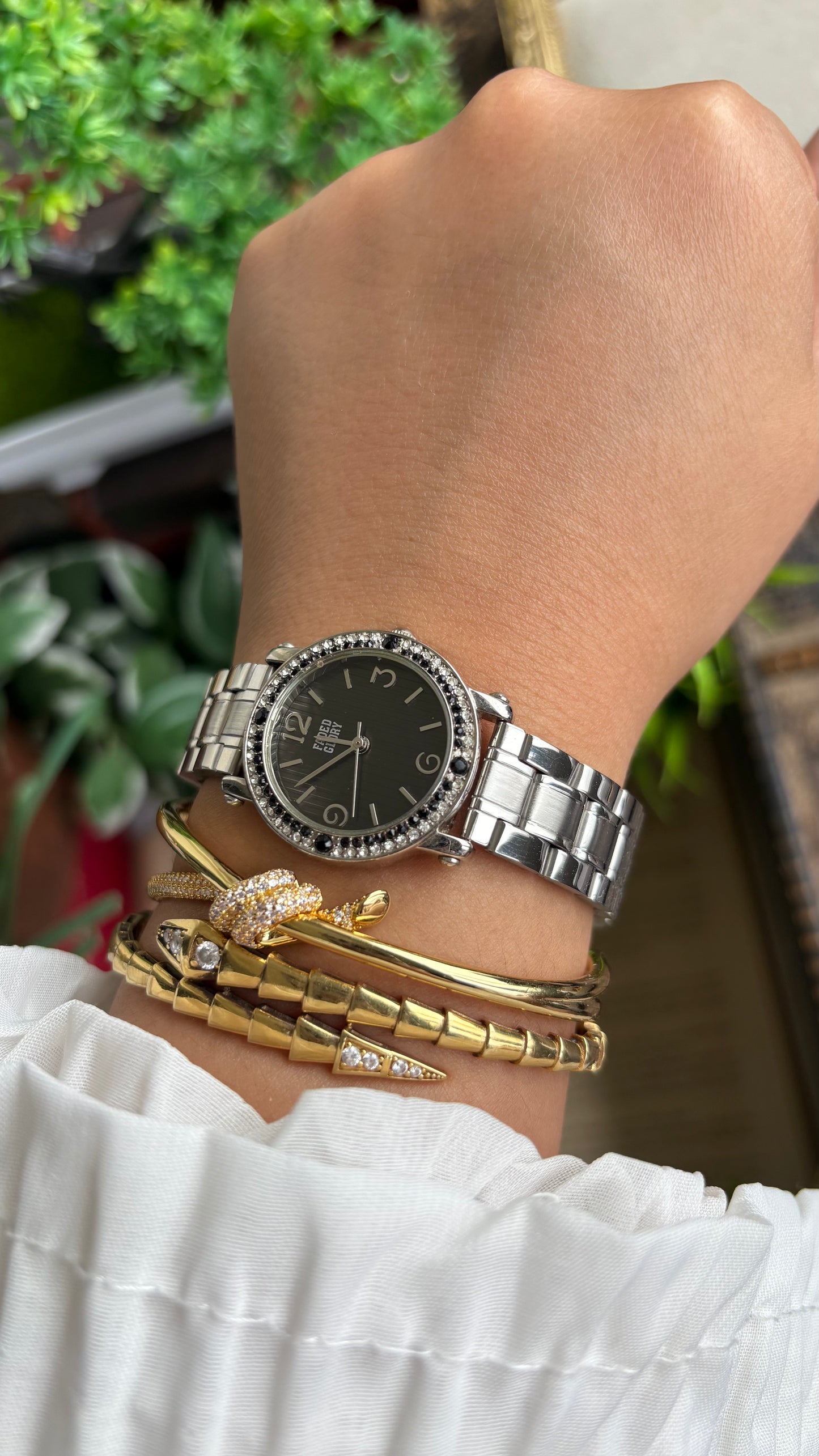 Vintage Faded Glory Bejeweled Watch in Silver Tone in Black Dial