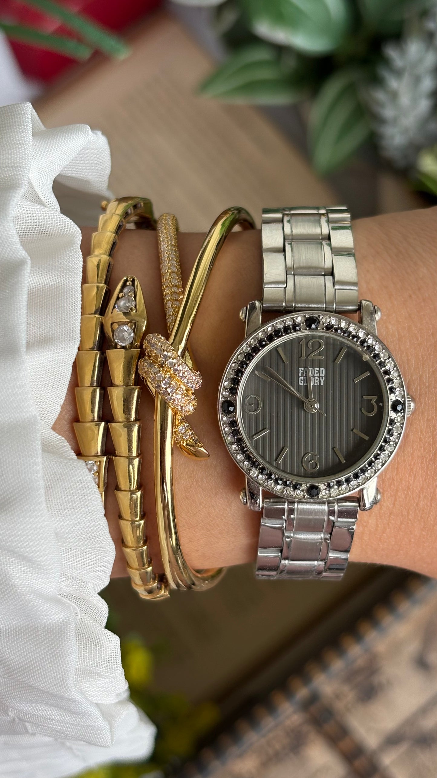 Vintage Faded Glory Bejeweled Watch in Silver Tone in Black Dial