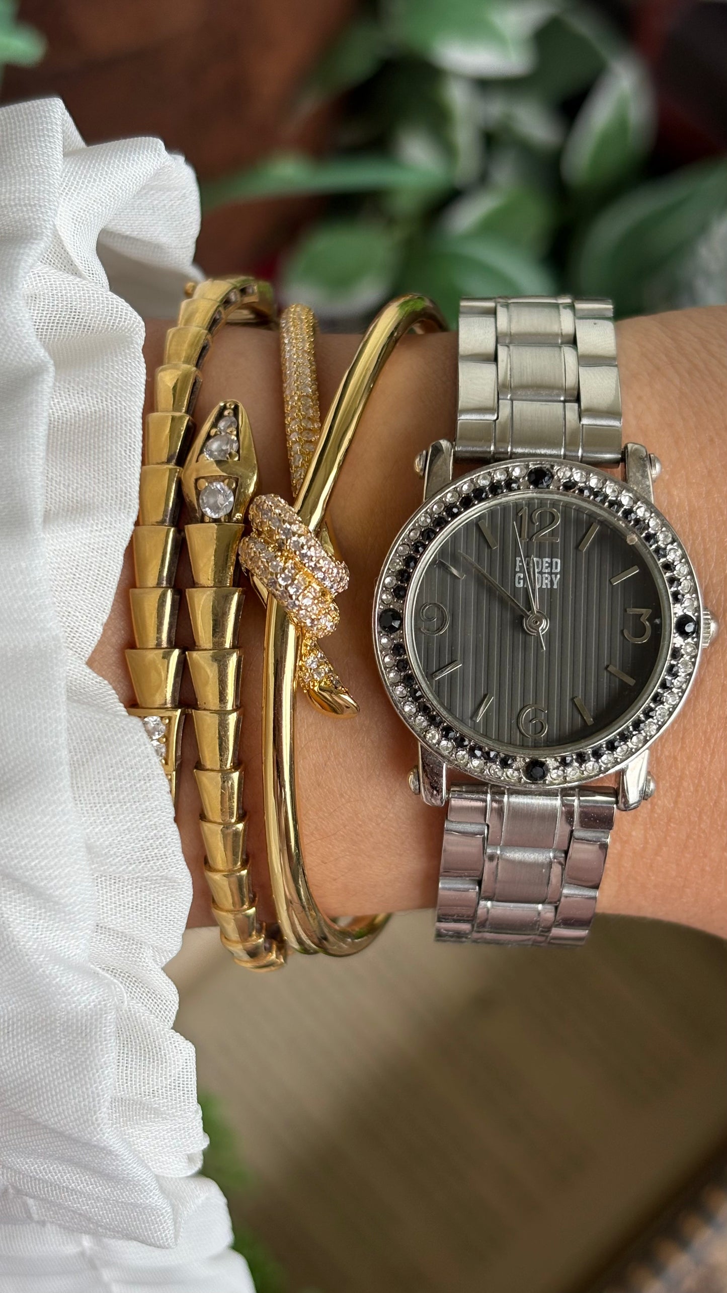 Vintage Faded Glory Bejeweled Watch in Silver Tone in Black Dial