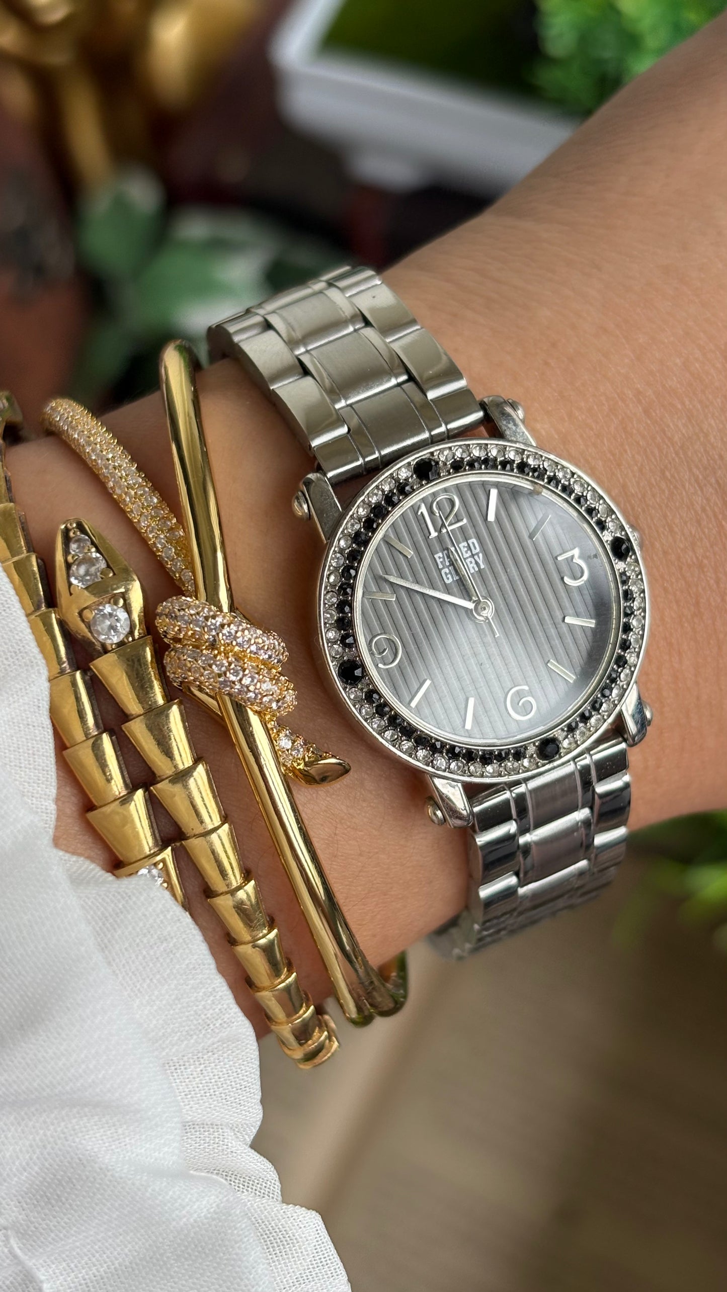 Vintage Faded Glory Bejeweled Watch in Silver Tone in Black Dial