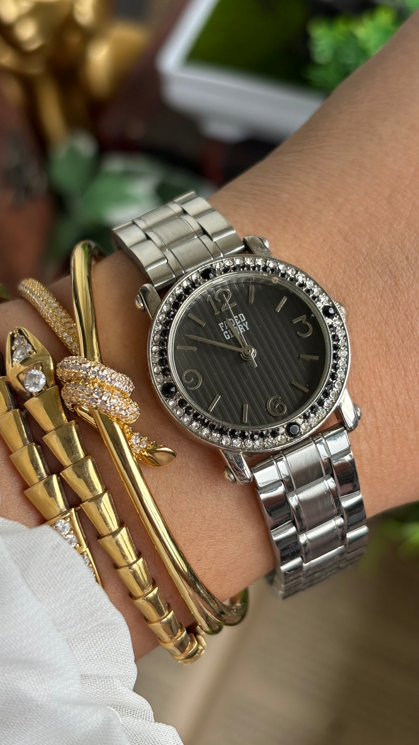 Vintage Faded Glory Bejeweled Watch in Silver Tone in Black Dial