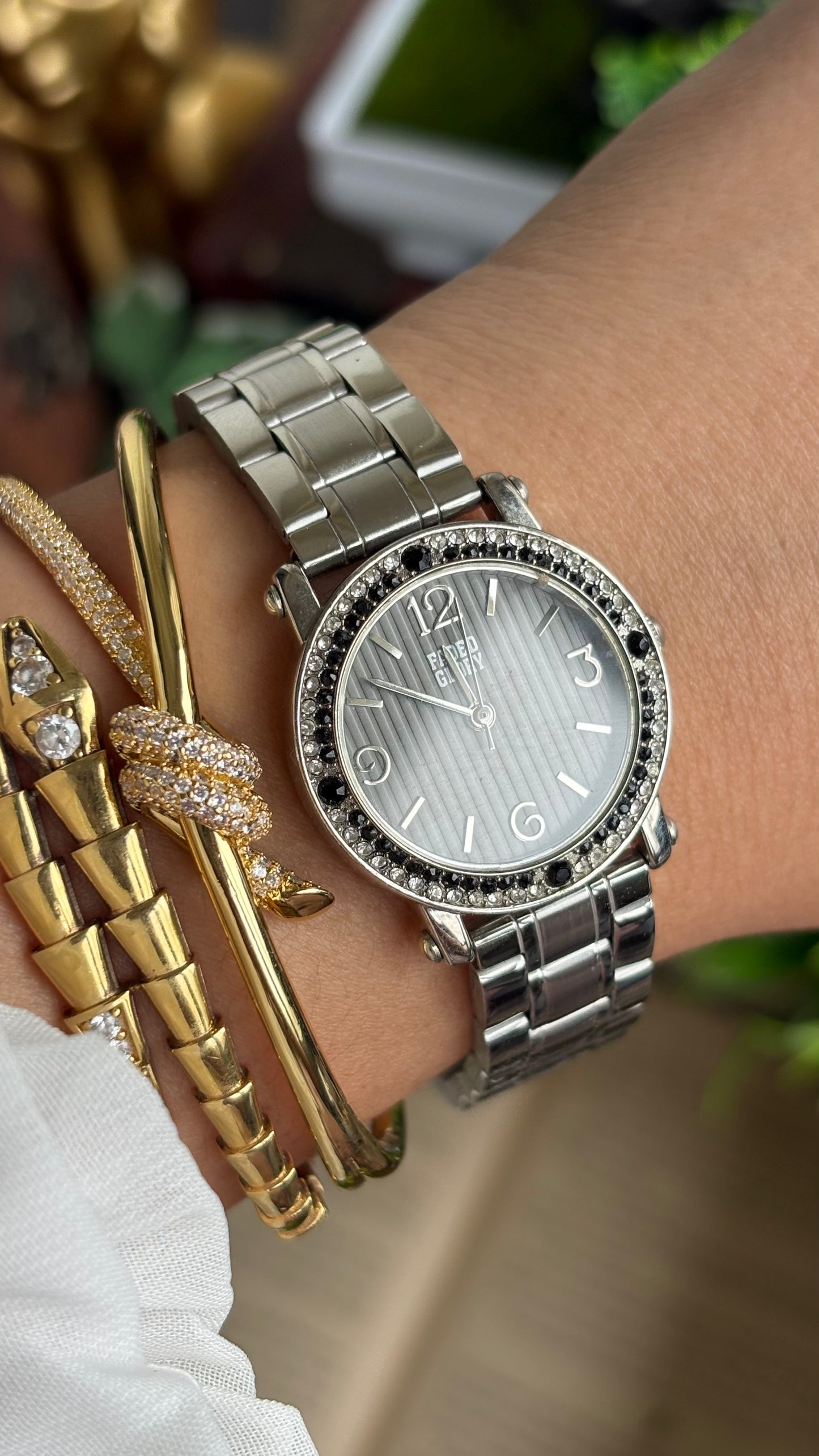 Vintage Faded Glory Bejeweled Watch in Silver Tone in Black Dial
