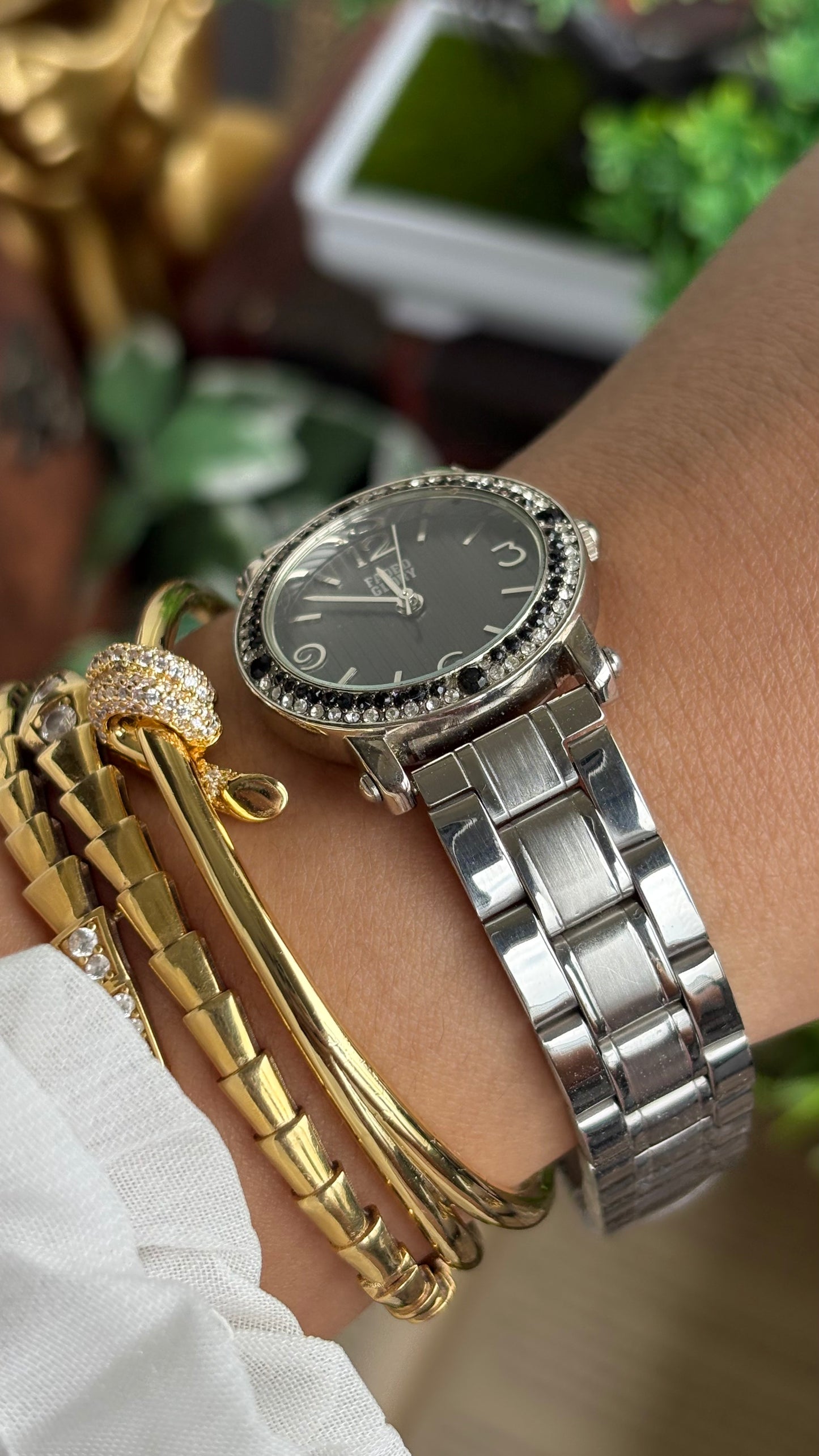 Vintage Faded Glory Bejeweled Watch in Silver Tone in Black Dial