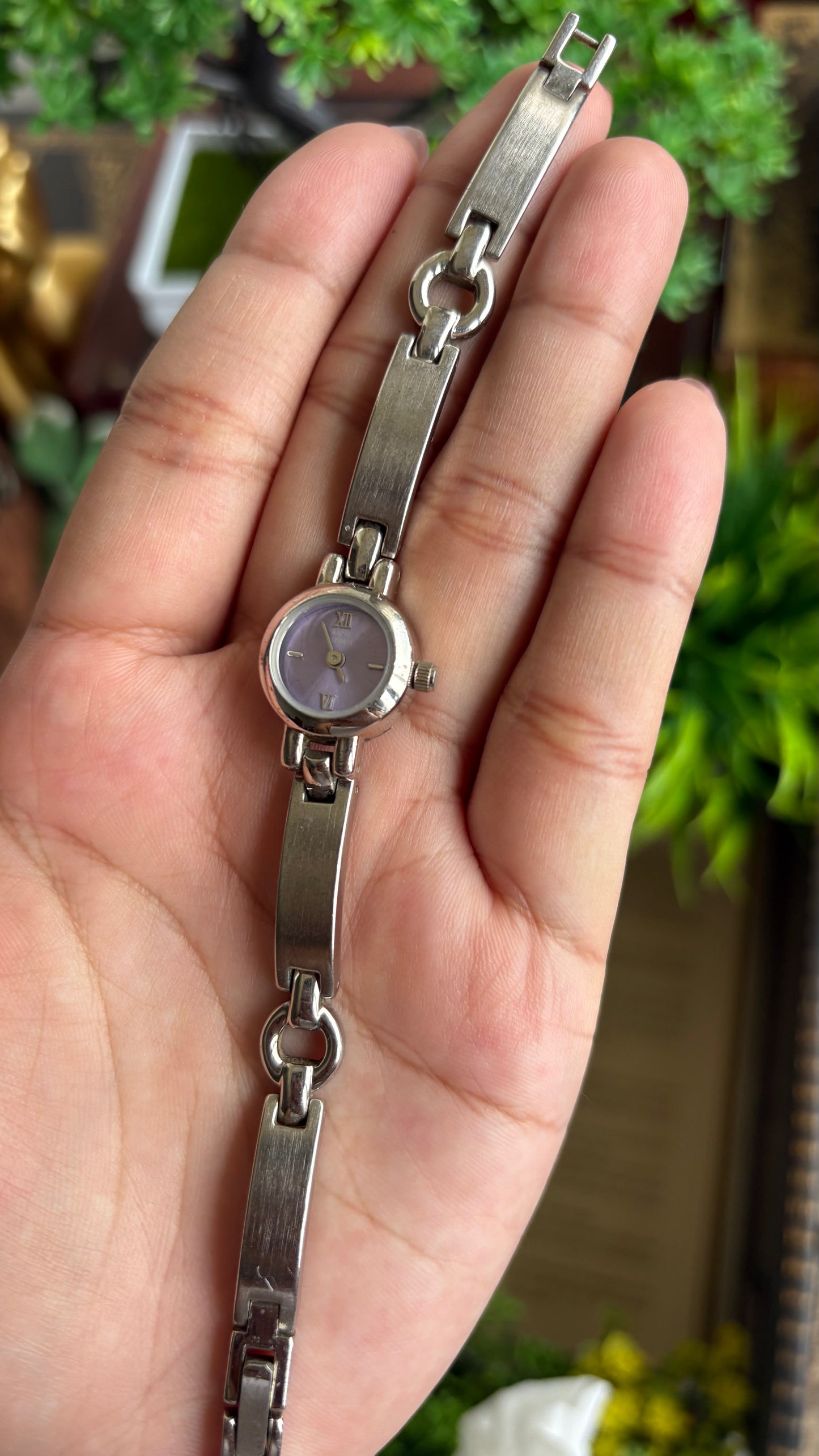 Extremely Rare Vintage Anne Klein Watch in Silver Tone Super Dainty Purple Dial