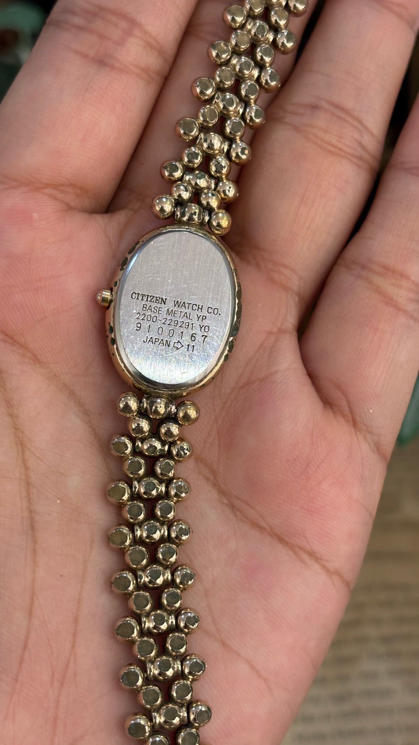 Rare Vintage Elegance Citizen Beaded Ball Bracelet Watch in Light Gold Tone Quartz Oval Dial