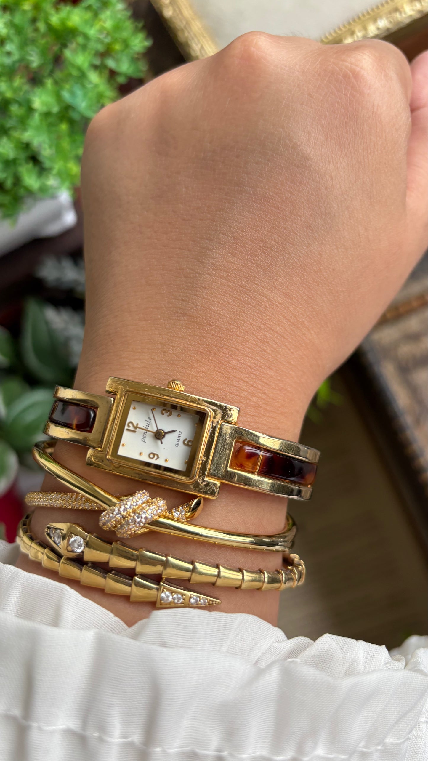 Vintage Tortoise Bangle Watch in Gold Tone