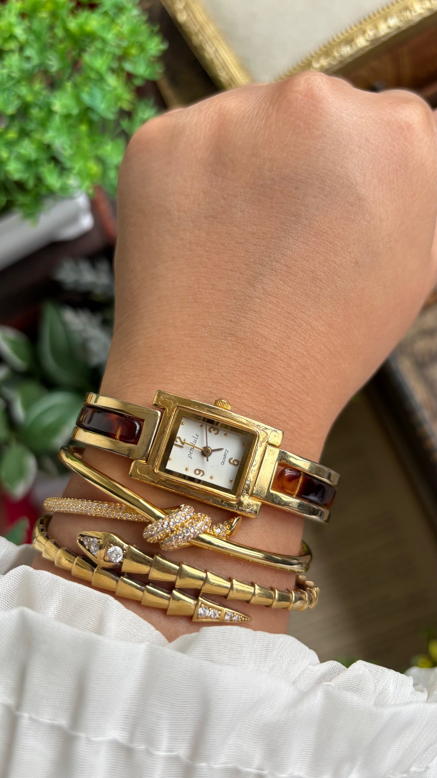 Vintage Tortoise Bangle Watch in Gold Tone