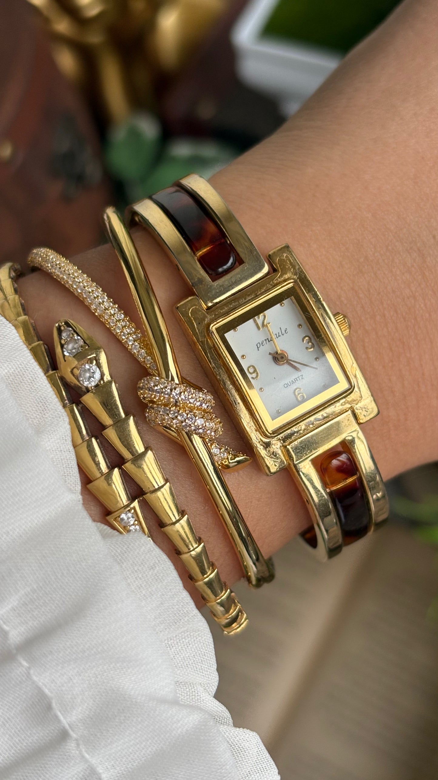 Vintage Tortoise Bangle Watch in Gold Tone