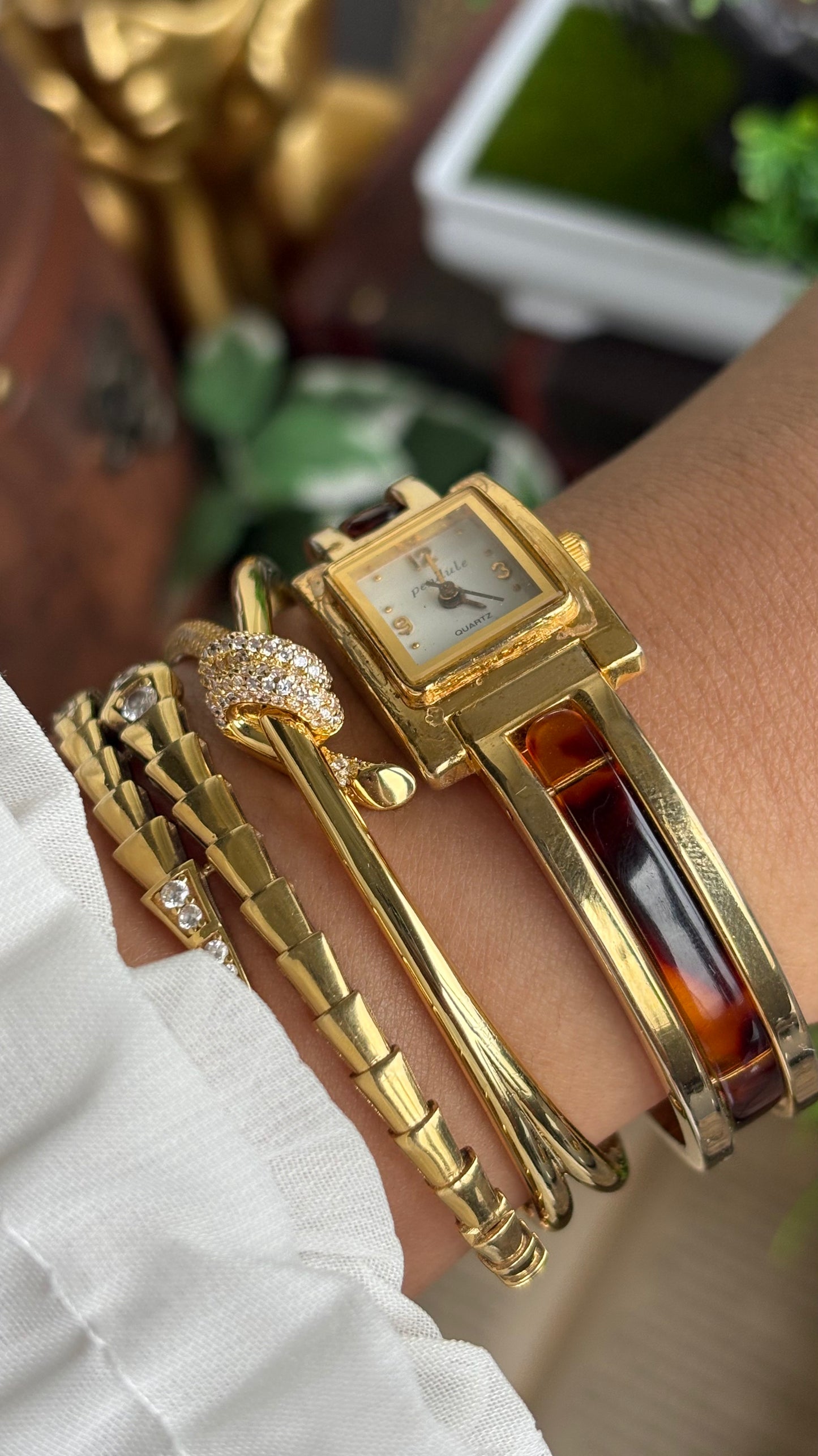 Vintage Tortoise Bangle Watch in Gold Tone