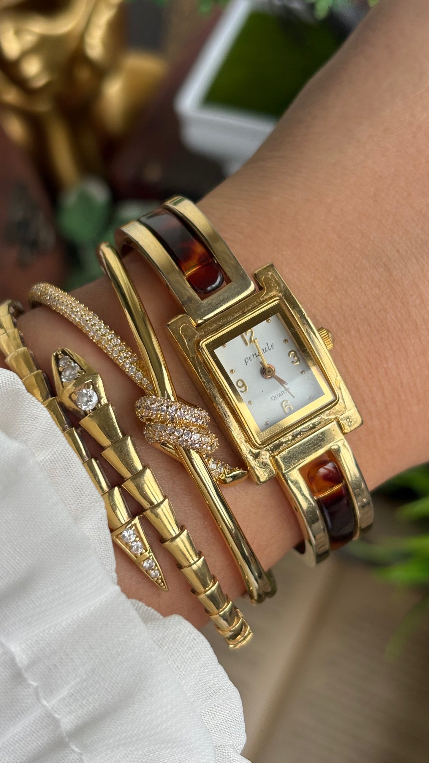 Vintage Tortoise Bangle Watch in Gold Tone